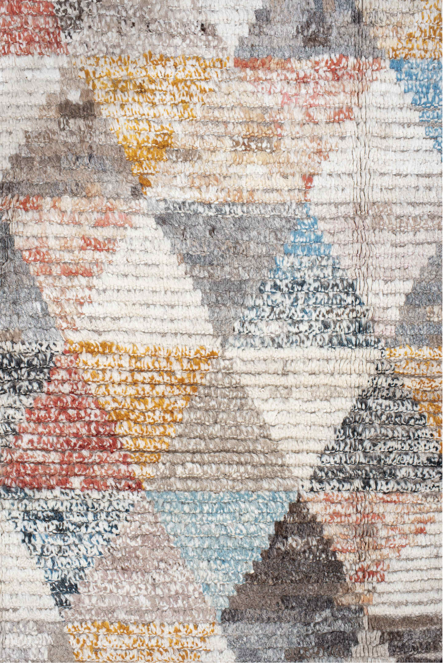 16' x 20' one-of-a-kind handmade vintage Tulu oversize rug. Color palette: ivory, gray, taupe, sky blue, gold, coral