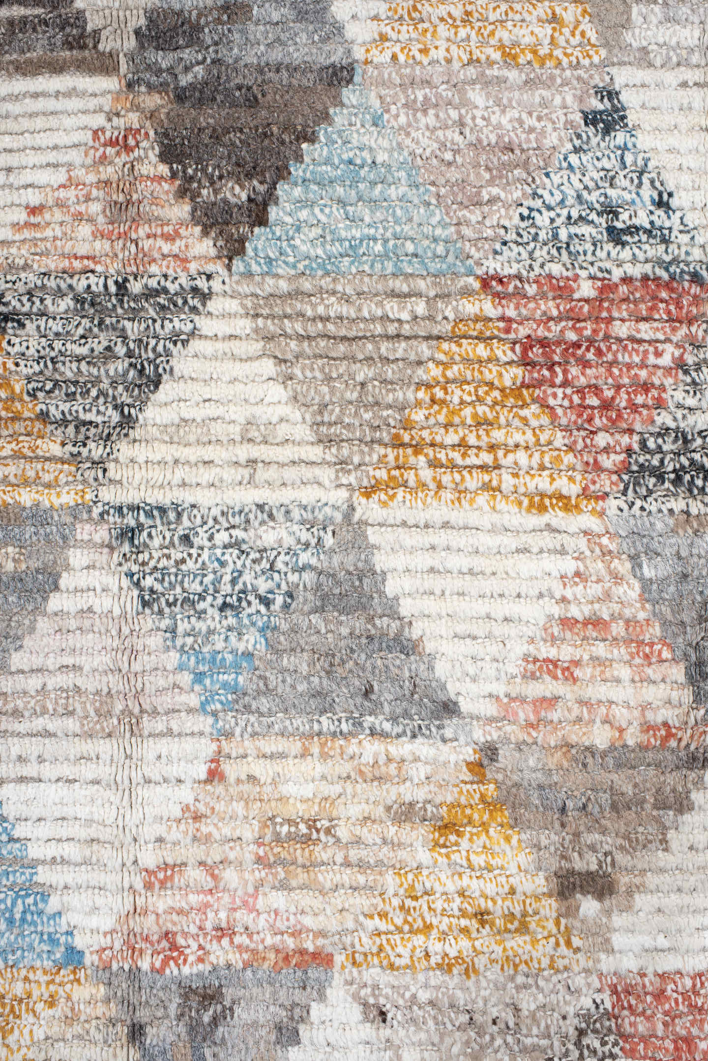 16' x 20' one-of-a-kind handmade vintage Tulu oversize rug. Color palette: ivory, gray, taupe, sky blue, gold, coral
