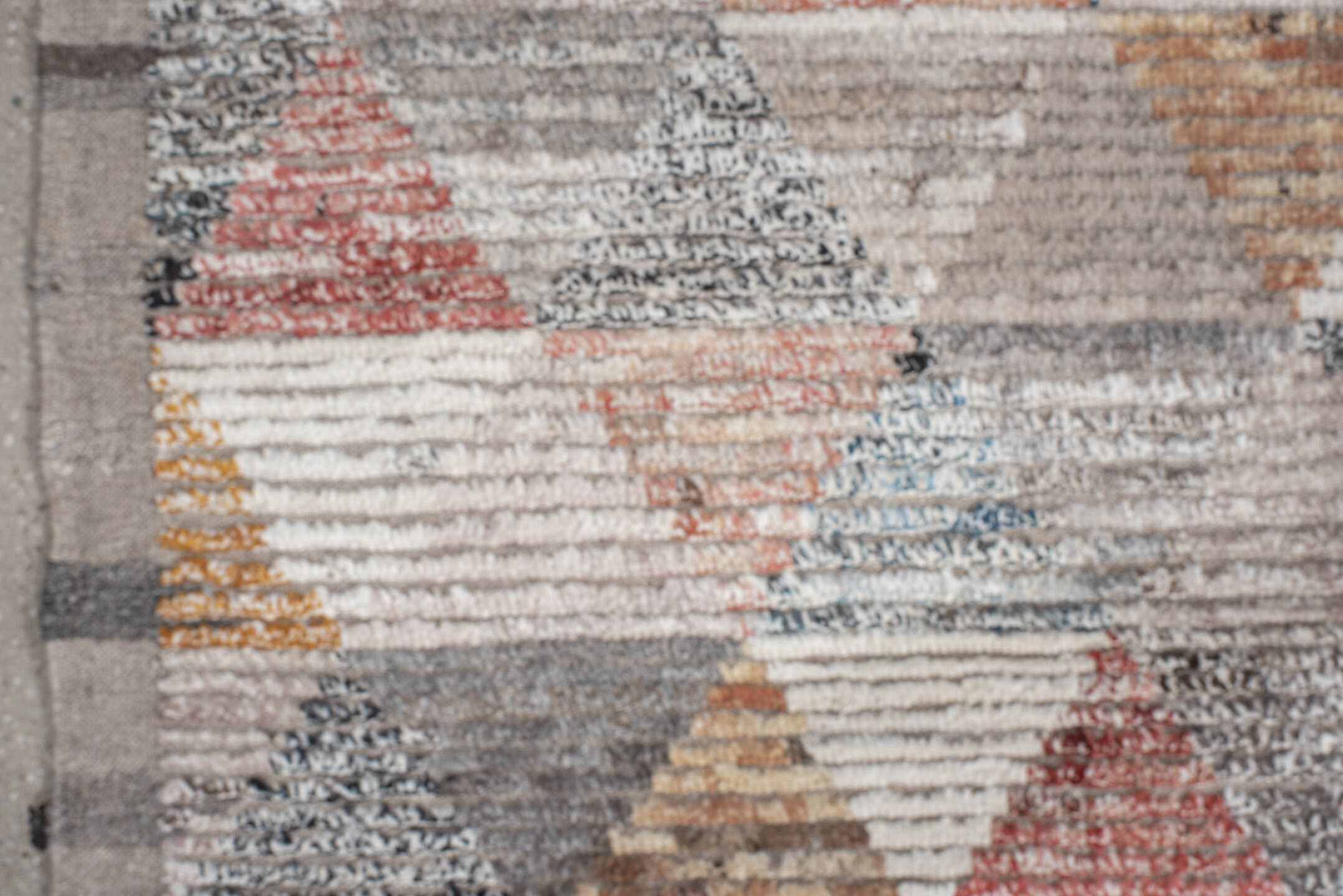 16' x 20' one-of-a-kind handmade vintage Tulu oversize rug. Color palette: ivory, gray, taupe, sky blue, gold, coral