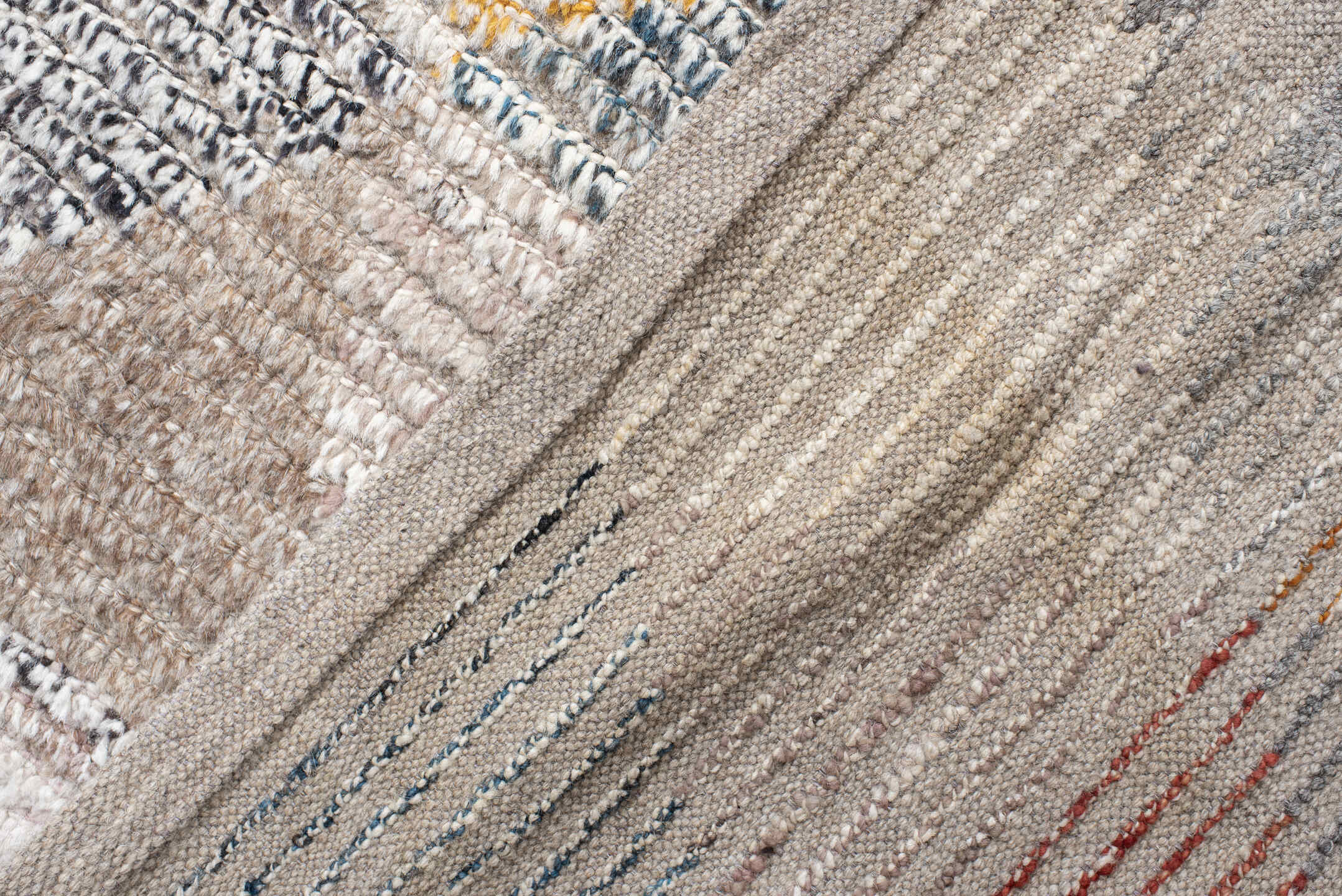 16' x 20' one-of-a-kind handmade vintage Tulu oversize rug. Color palette: ivory, gray, taupe, sky blue, gold, coral