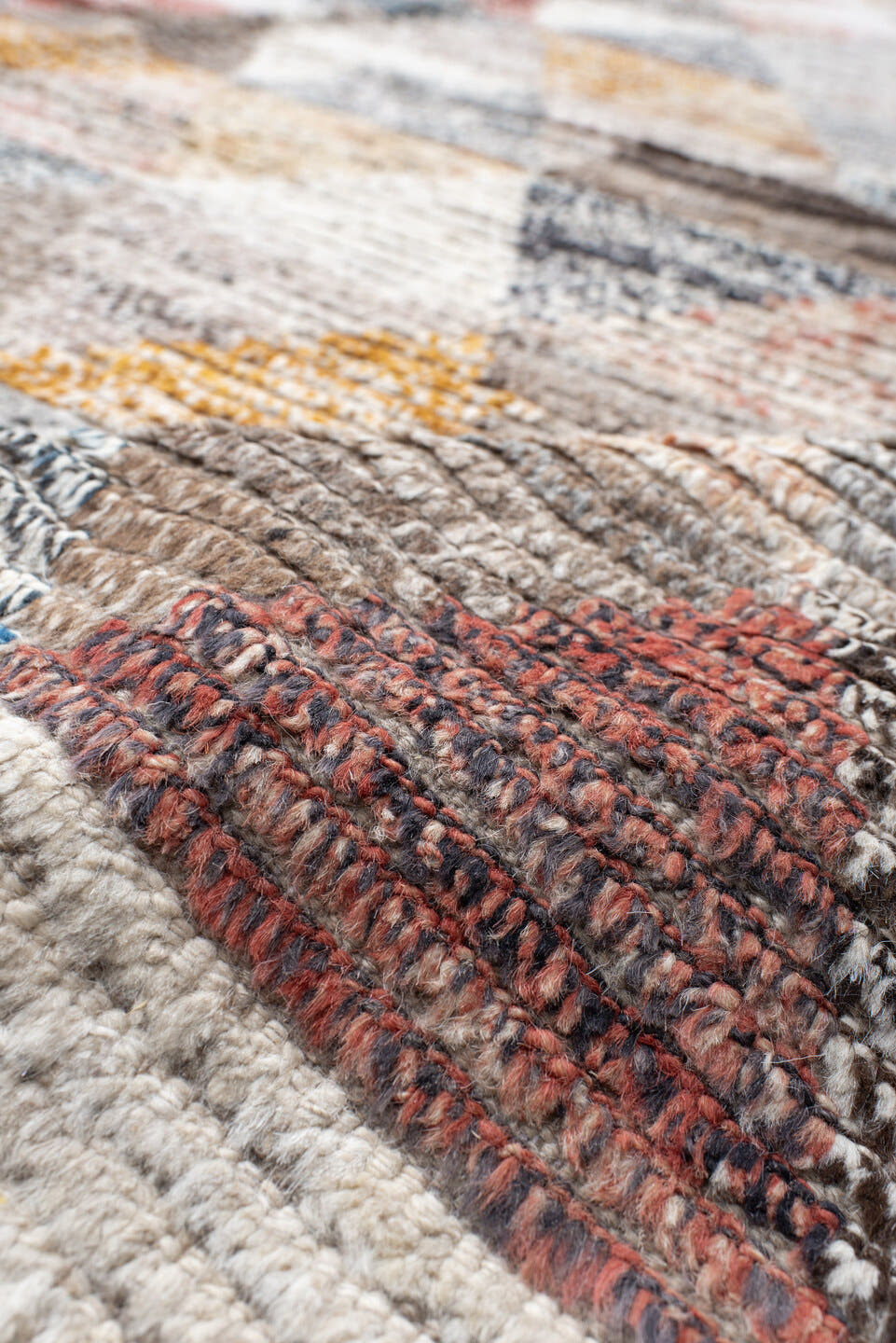 16' x 20' one-of-a-kind handmade vintage Tulu oversize rug. Color palette: ivory, gray, taupe, sky blue, gold, coral