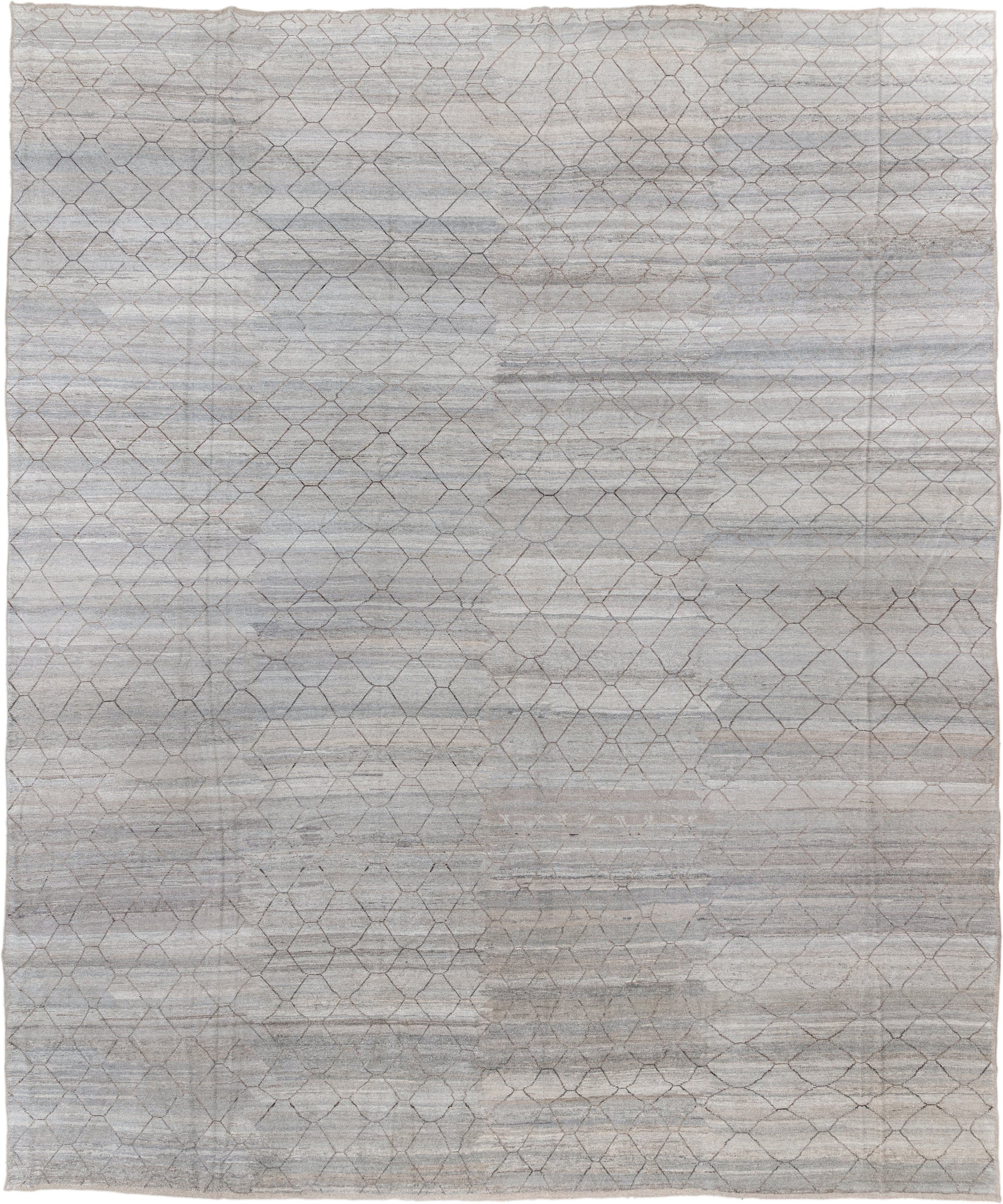 18' x 21' one-of-a-kind handmade vintage Tulu oversize rug. Color palette: ivory, silver, taupe, gray, beige