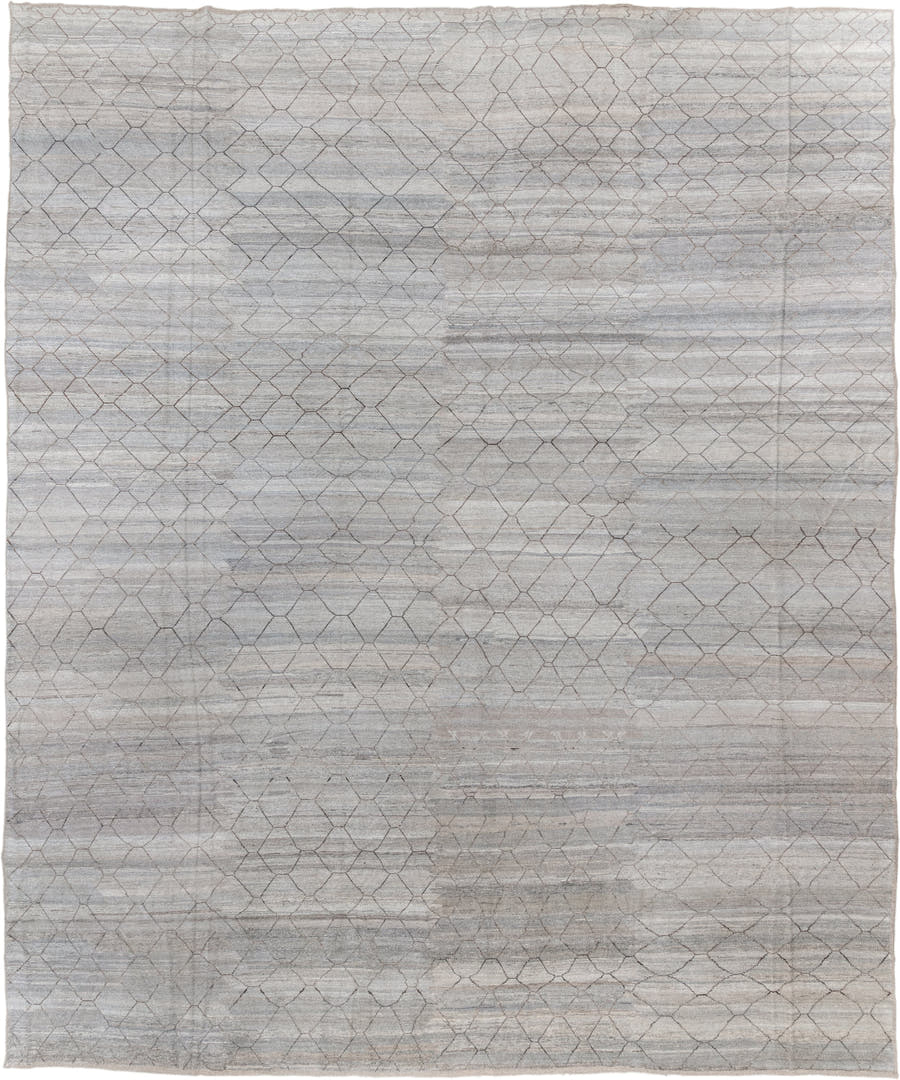 18' x 21' one-of-a-kind handmade vintage Tulu oversize rug. Color palette: ivory, silver, taupe, gray, beige