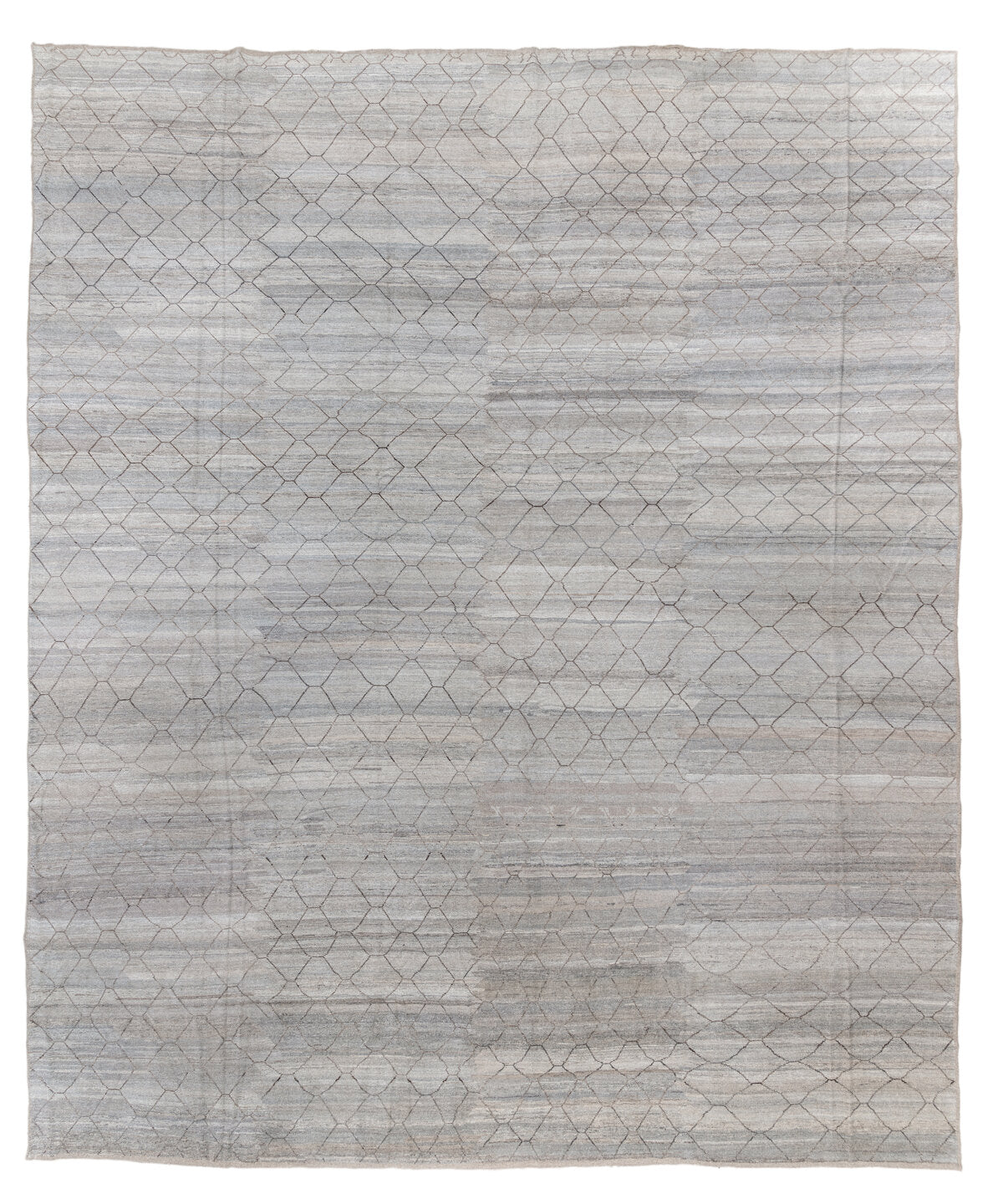 18' x 21' one-of-a-kind handmade vintage Tulu oversize rug. Color palette: gray, light gray, off-white, pink, silver