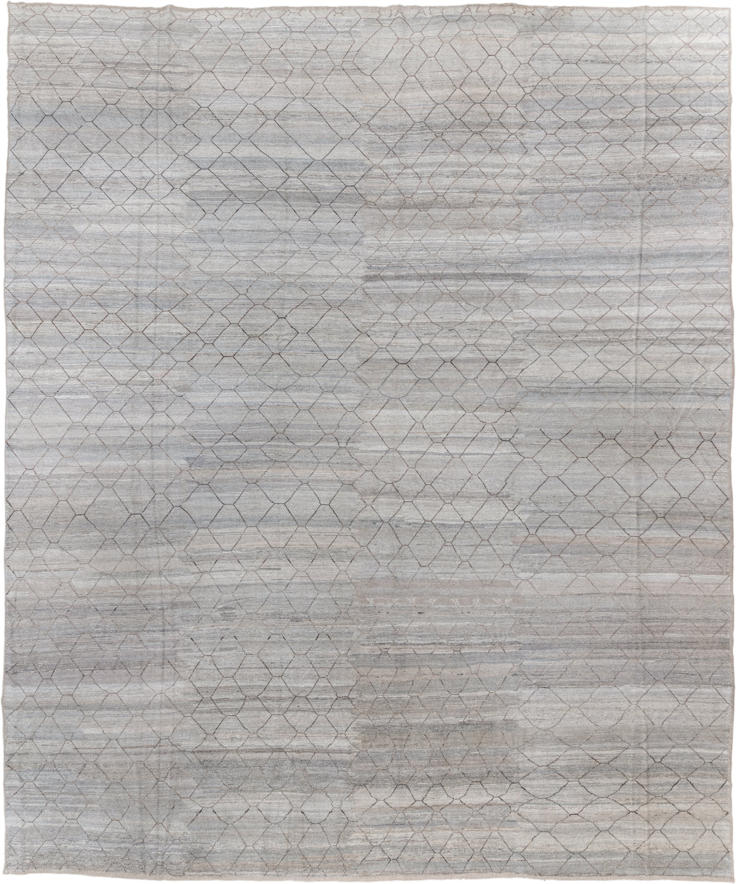 18' x 21' one-of-a-kind handmade vintage Tulu oversize rug. Color palette: ivory, silver, taupe, gray, beige