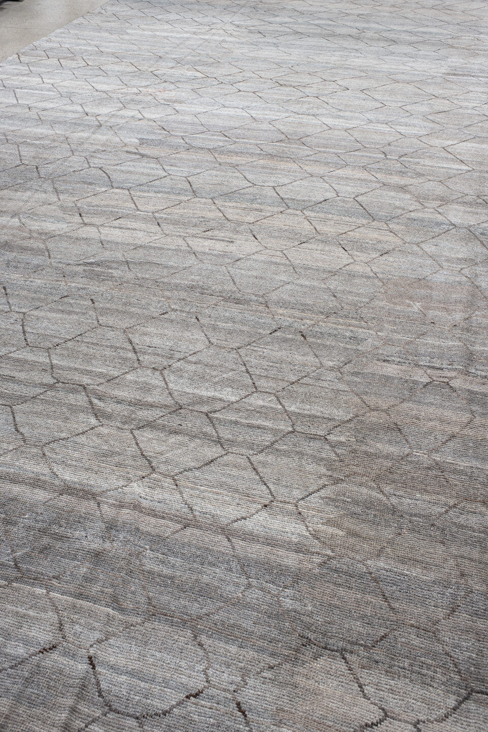 18' x 21' one-of-a-kind handmade vintage Tulu oversize rug. Color palette: ivory, silver, taupe, gray, beige