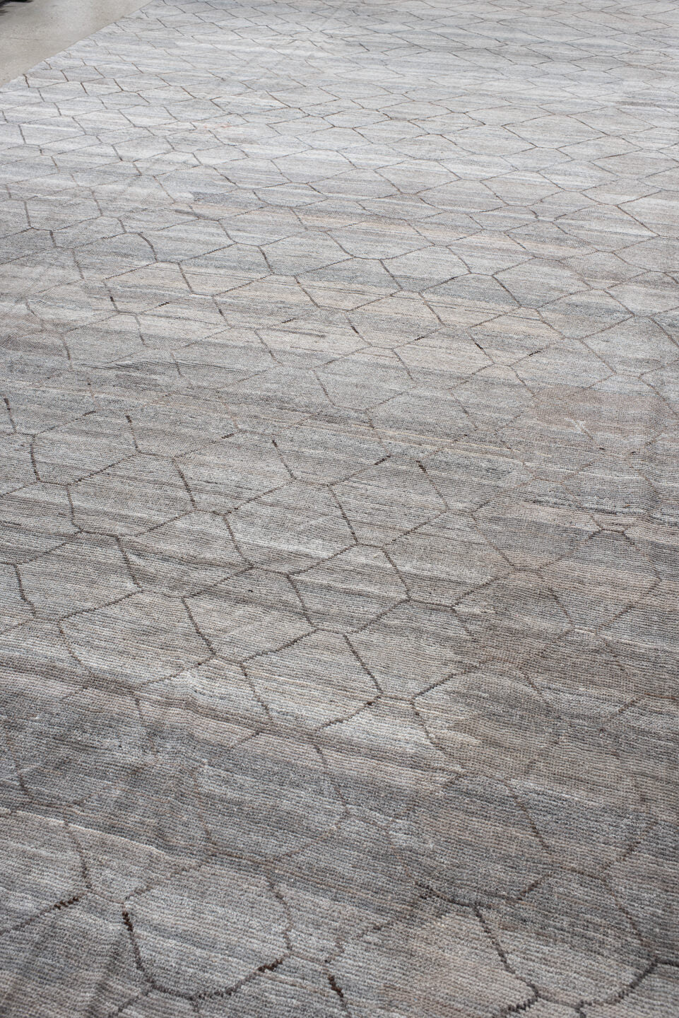 18' x 21' one-of-a-kind handmade vintage Tulu oversize rug. Color palette: ivory, silver, taupe, gray, beige