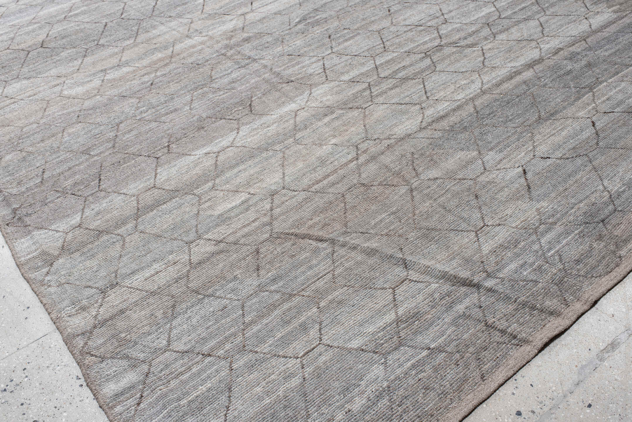 18' x 21' one-of-a-kind handmade vintage Tulu oversize rug. Color palette: gray, light gray, off-white, pink, silver