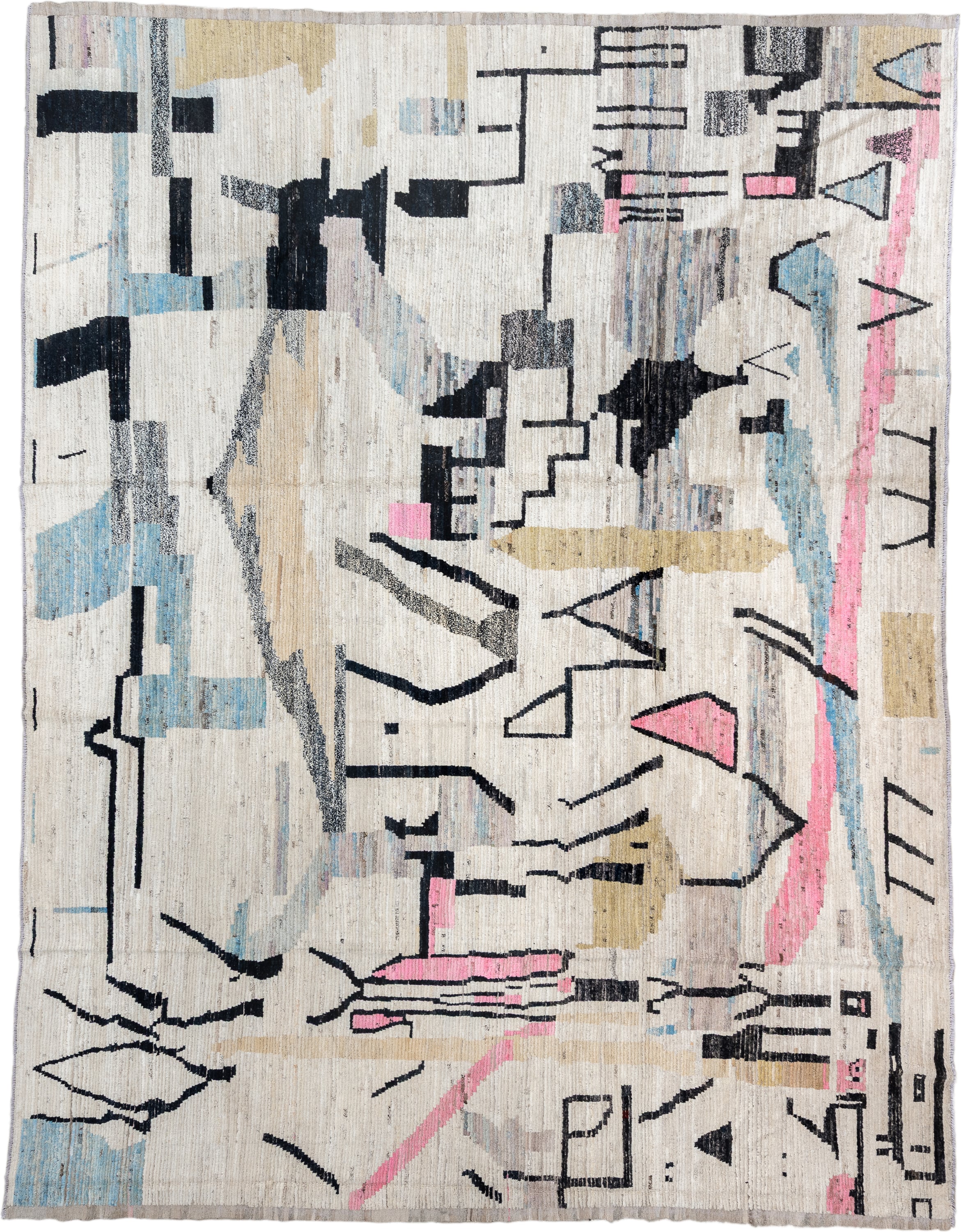 15' x 11' one-of-a-kind handmade vintage Tulu oversize rug. Color palette: ivory, black, sky_blue, blush, pale_gold, gray
