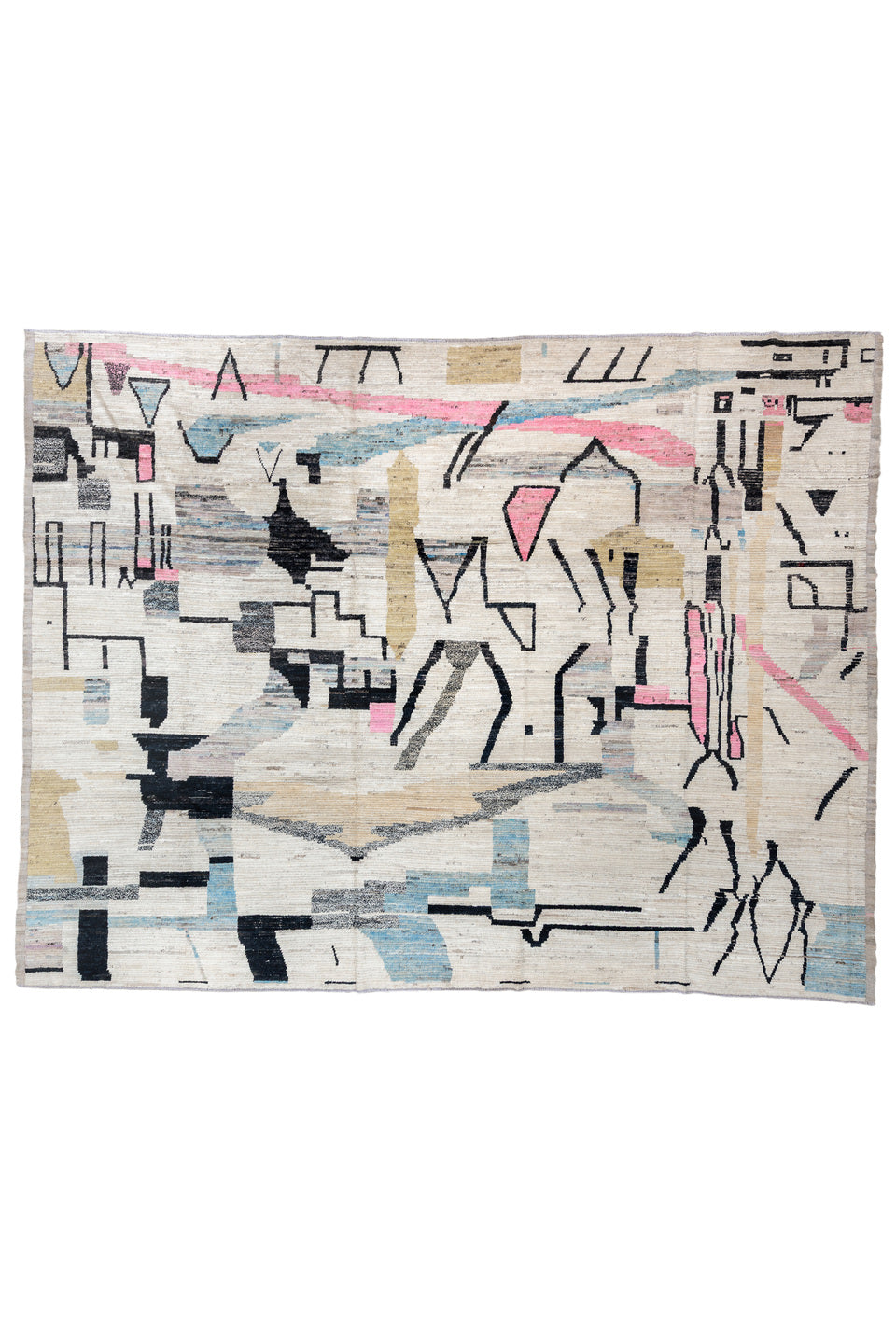 15' x 11' one-of-a-kind handmade vintage Tulu oversize rug. Color palette: gray, light gray, brown, pink, blue, off-white