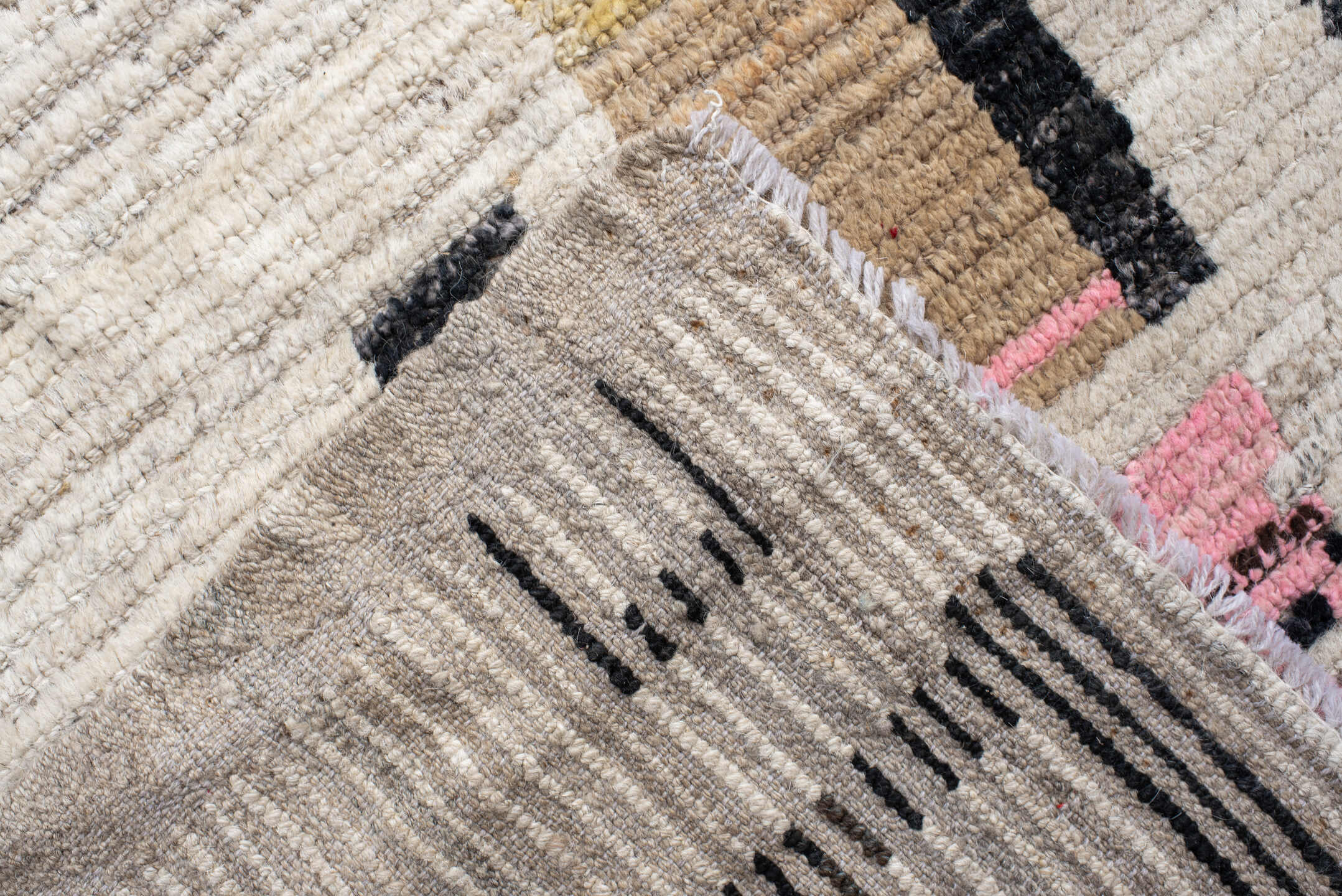 15' x 11' one-of-a-kind handmade vintage Tulu oversize rug. Color palette: ivory, black, sky_blue, blush, pale_gold, gray