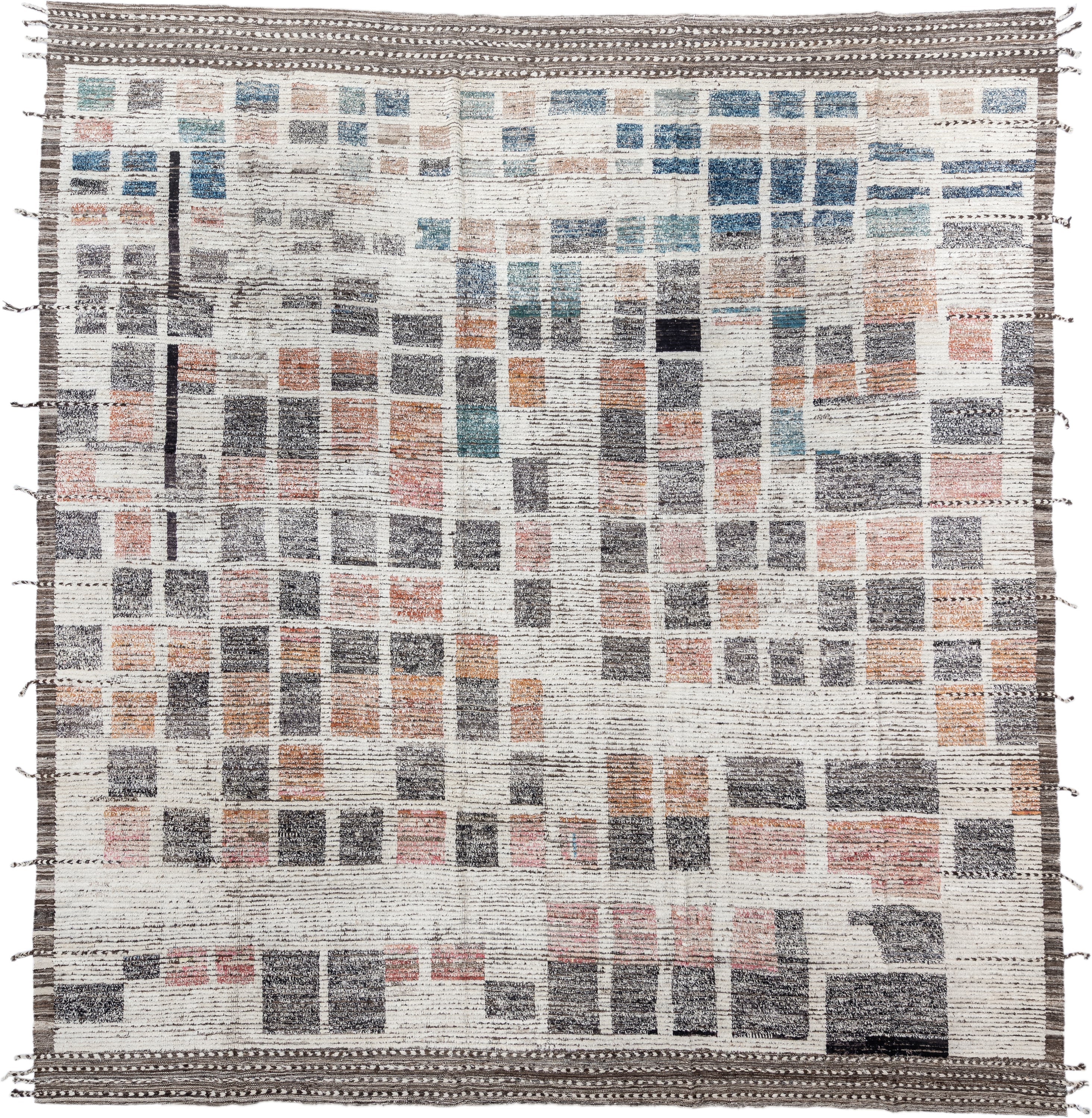 13' x 14' one-of-a-kind handmade vintage Tulu oversize rug. Color palette: ivory, charcoal, slate, taupe, soft blue
