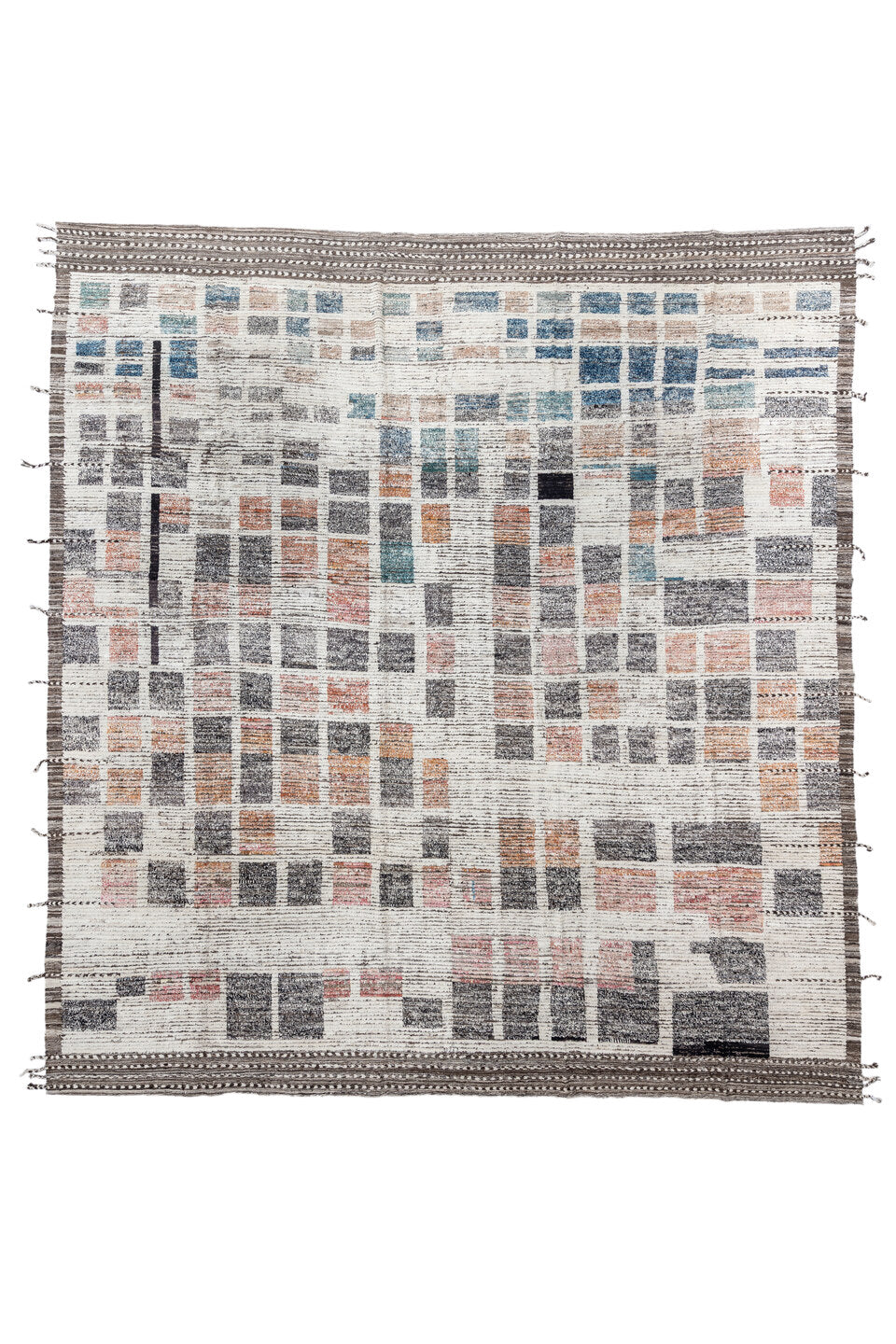 13' x 14' one-of-a-kind handmade vintage Tulu oversize rug. Color palette: black, blue, brown, dark gray, dim gray