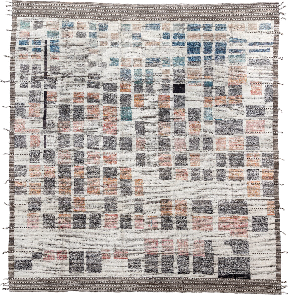 13' x 14' one-of-a-kind handmade vintage Tulu oversize rug. Color palette: ivory, charcoal, slate, taupe, soft blue