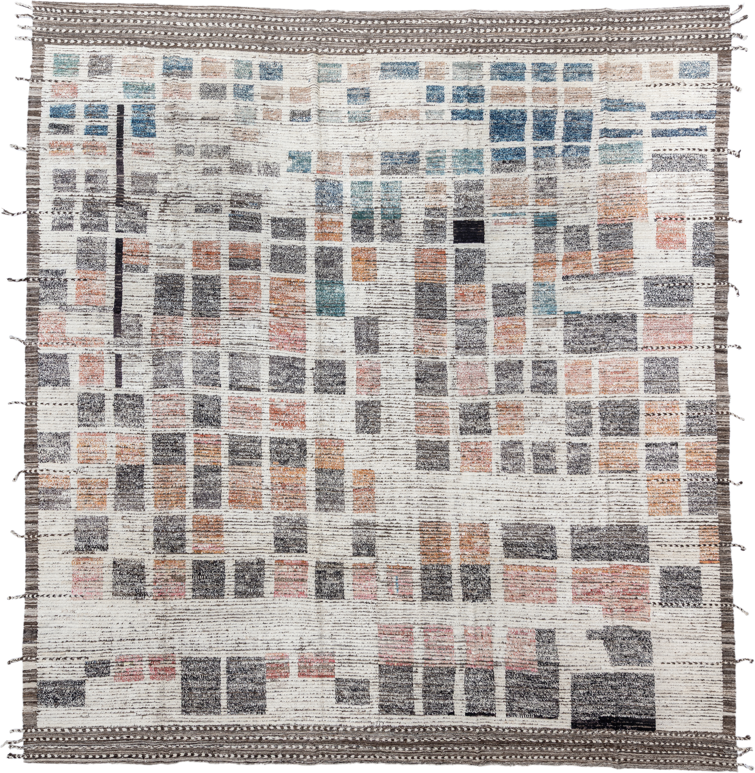 13' x 14' one-of-a-kind handmade vintage Tulu oversize rug. Color palette: ivory, charcoal, slate, taupe, soft blue