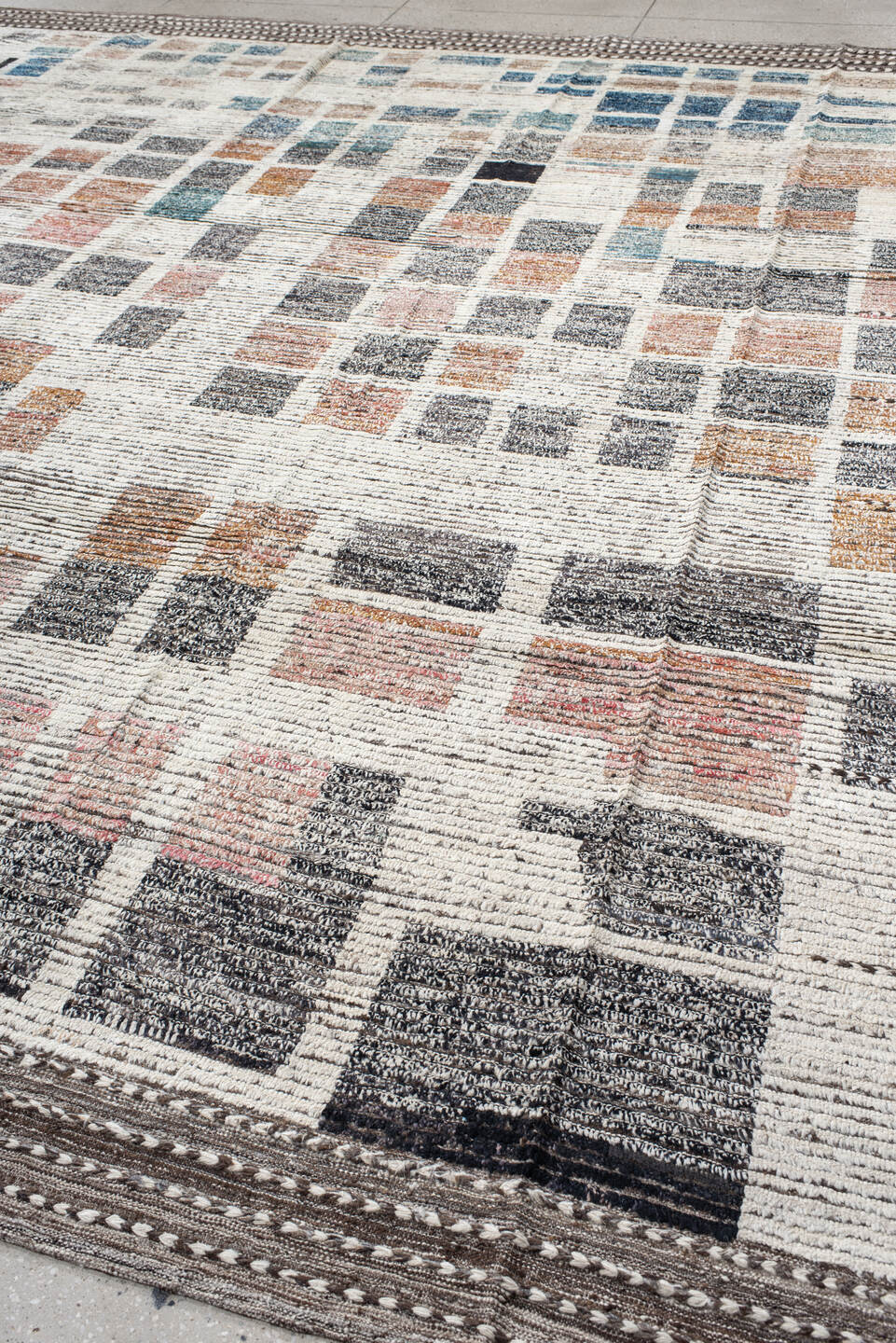 13' x 14' one-of-a-kind handmade vintage Tulu oversize rug. Color palette: ivory, charcoal, slate, taupe, soft blue