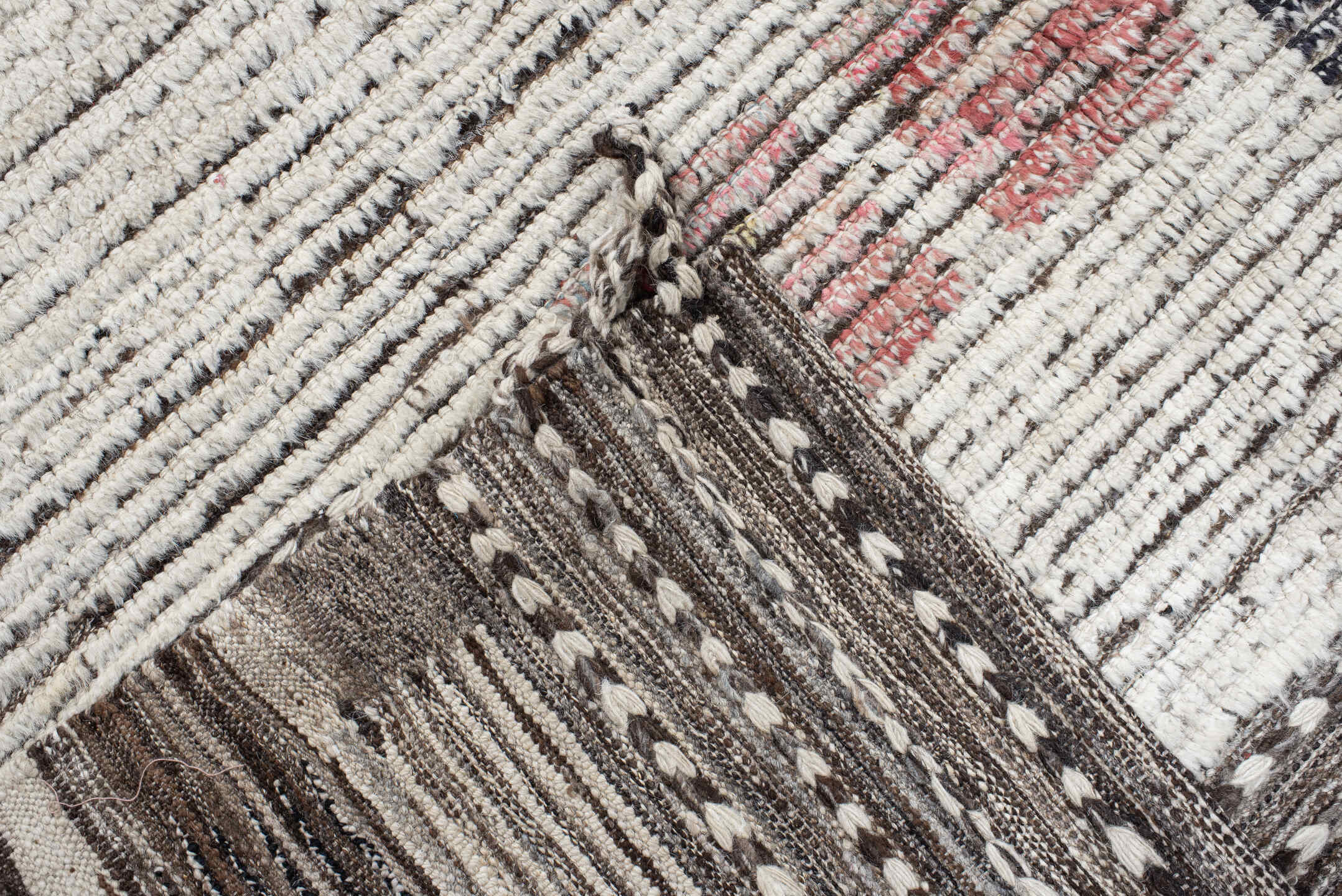 13' x 14' one-of-a-kind handmade vintage Tulu oversize rug. Color palette: ivory, charcoal, slate, taupe, soft blue