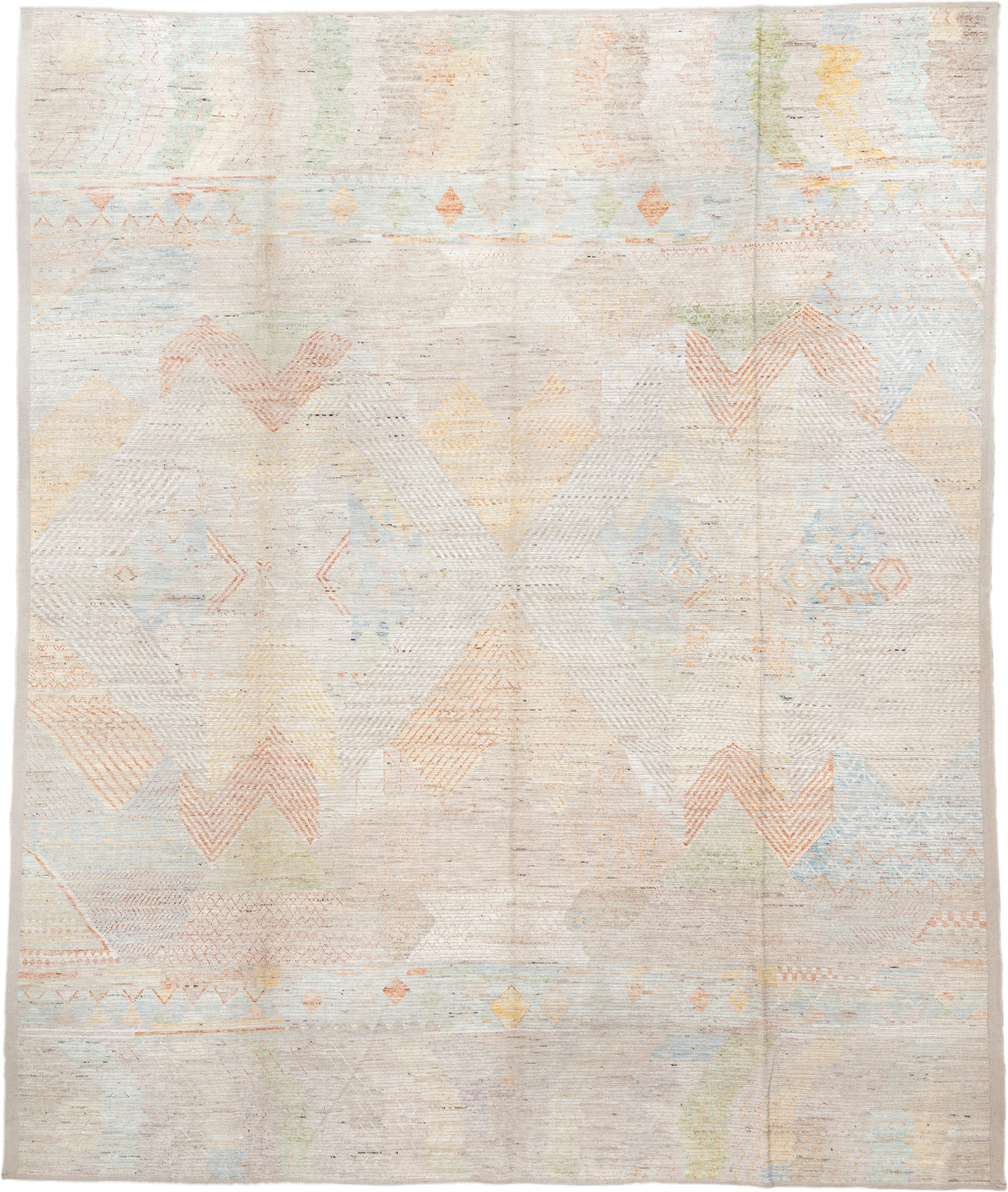 13' x 16' one-of-a-kind handmade vintage Tulu oversize rug. Color palette: ivory, peach, sky_blue, sage, soft_gold, taupe