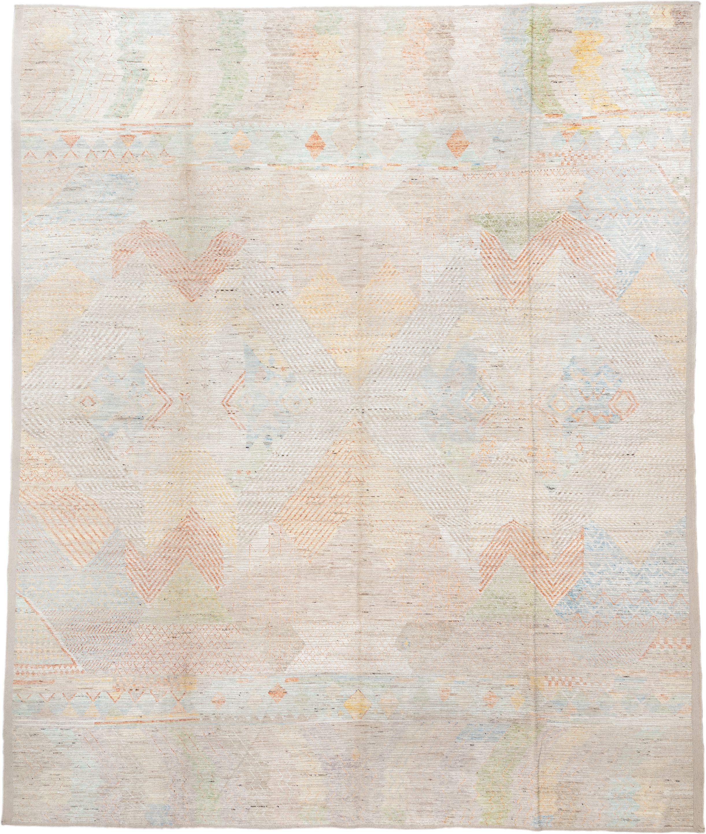 13' x 16' one-of-a-kind handmade vintage Tulu oversize rug. Color palette: ivory, peach, sky_blue, sage, soft_gold, taupe