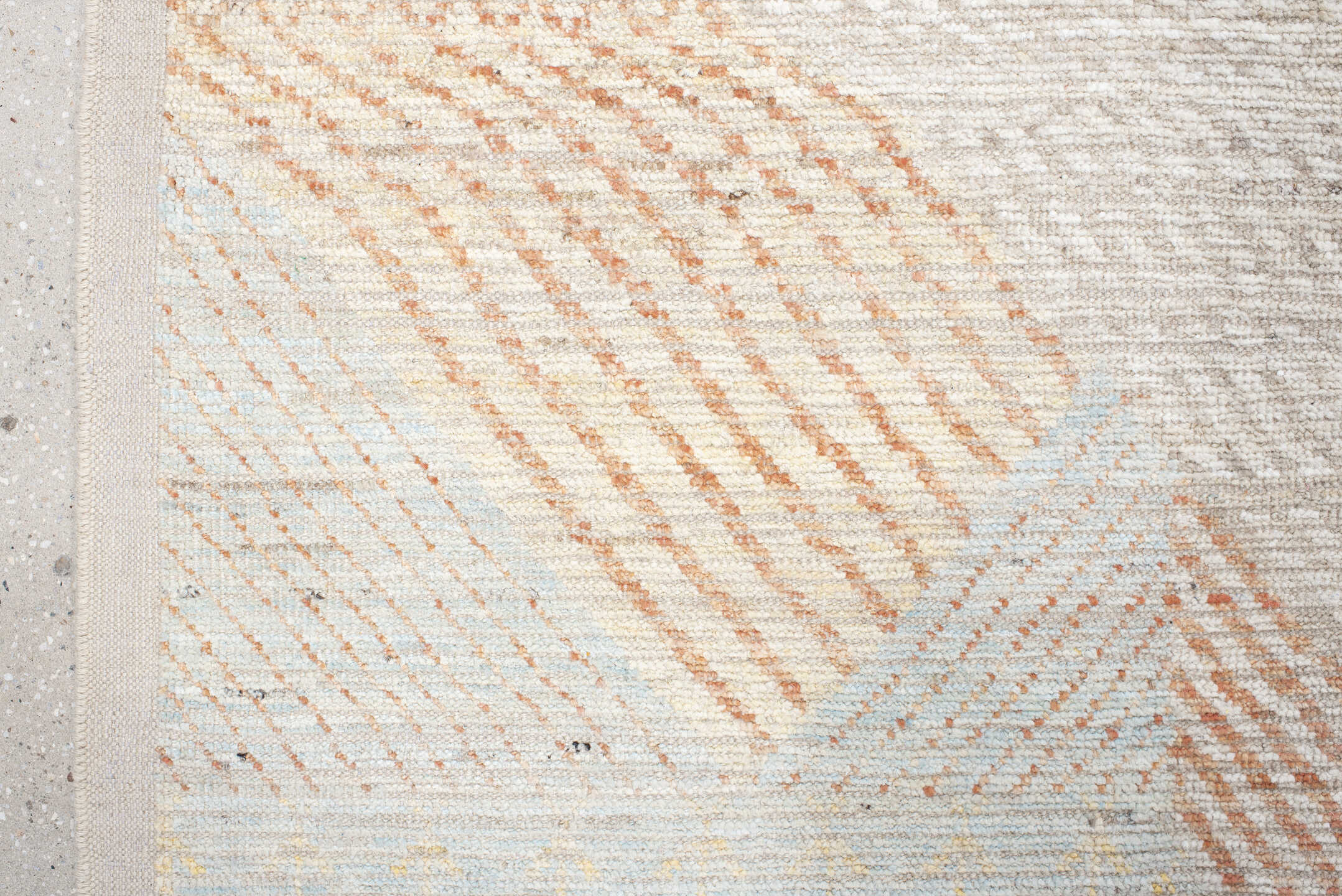 13' x 16' one-of-a-kind handmade vintage Tulu oversize rug. Color palette: ivory, peach, sky_blue, sage, soft_gold, taupe