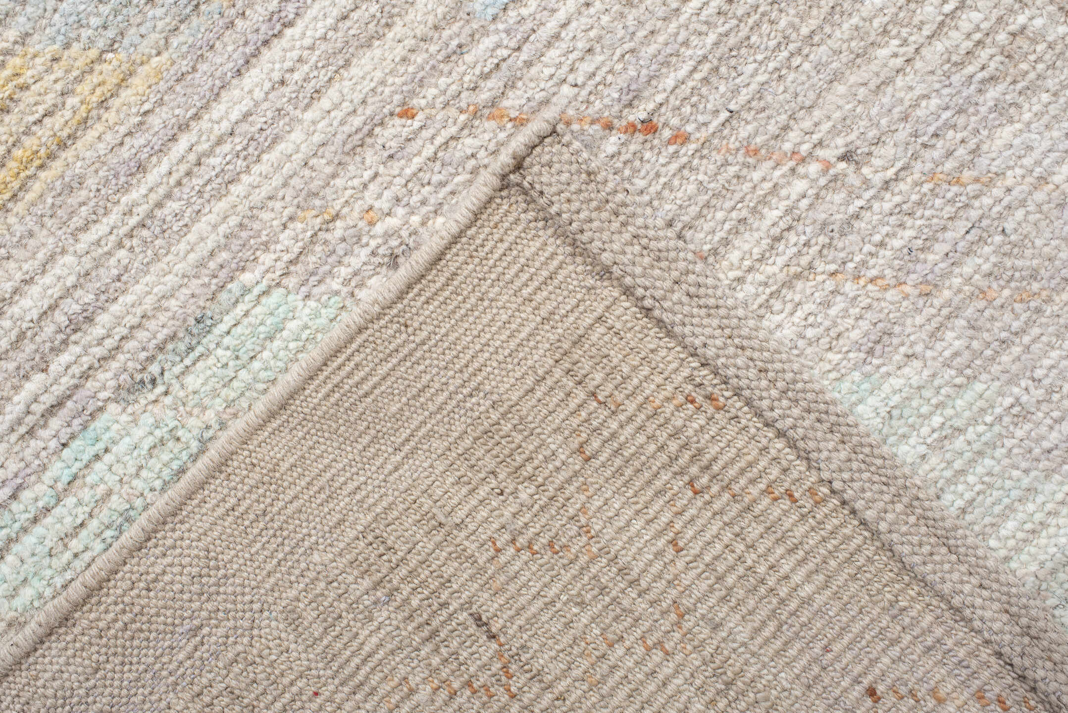 13' x 16' one-of-a-kind handmade vintage Tulu oversize rug. Color palette: ivory, peach, sky_blue, sage, soft_gold, taupe
