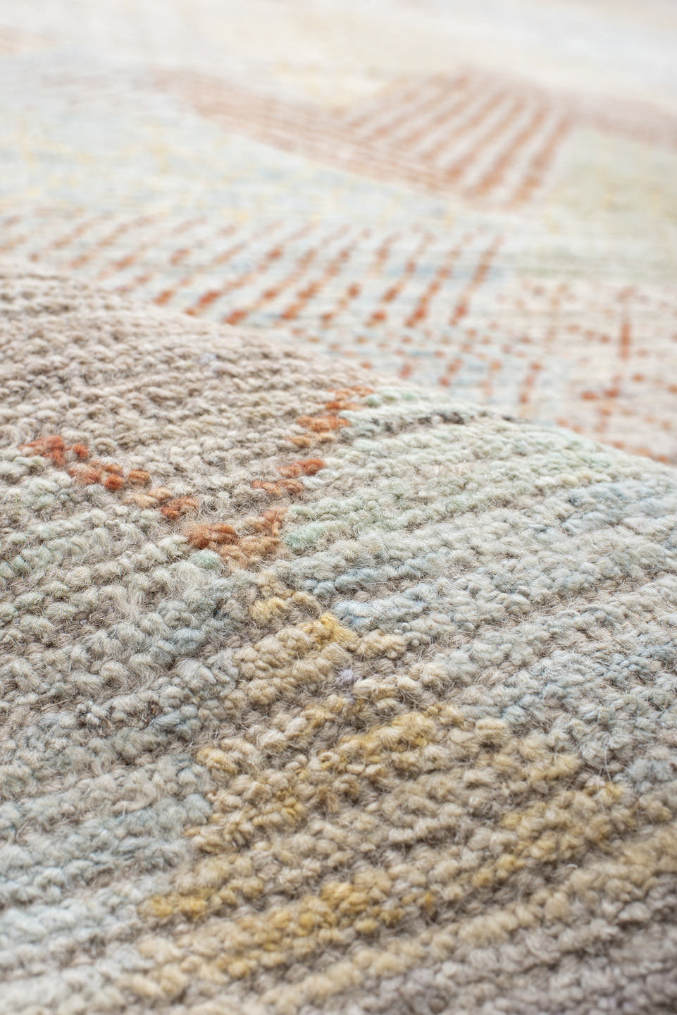 13' x 16' one-of-a-kind handmade vintage Tulu oversize rug. Color palette: ivory, peach, sky_blue, sage, soft_gold, taupe