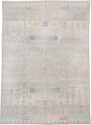 13' x 19' one-of-a-kind handmade vintage Tulu oversize rug. Color palette: ivory, lavender, aqua, blush, pale gold, taupe