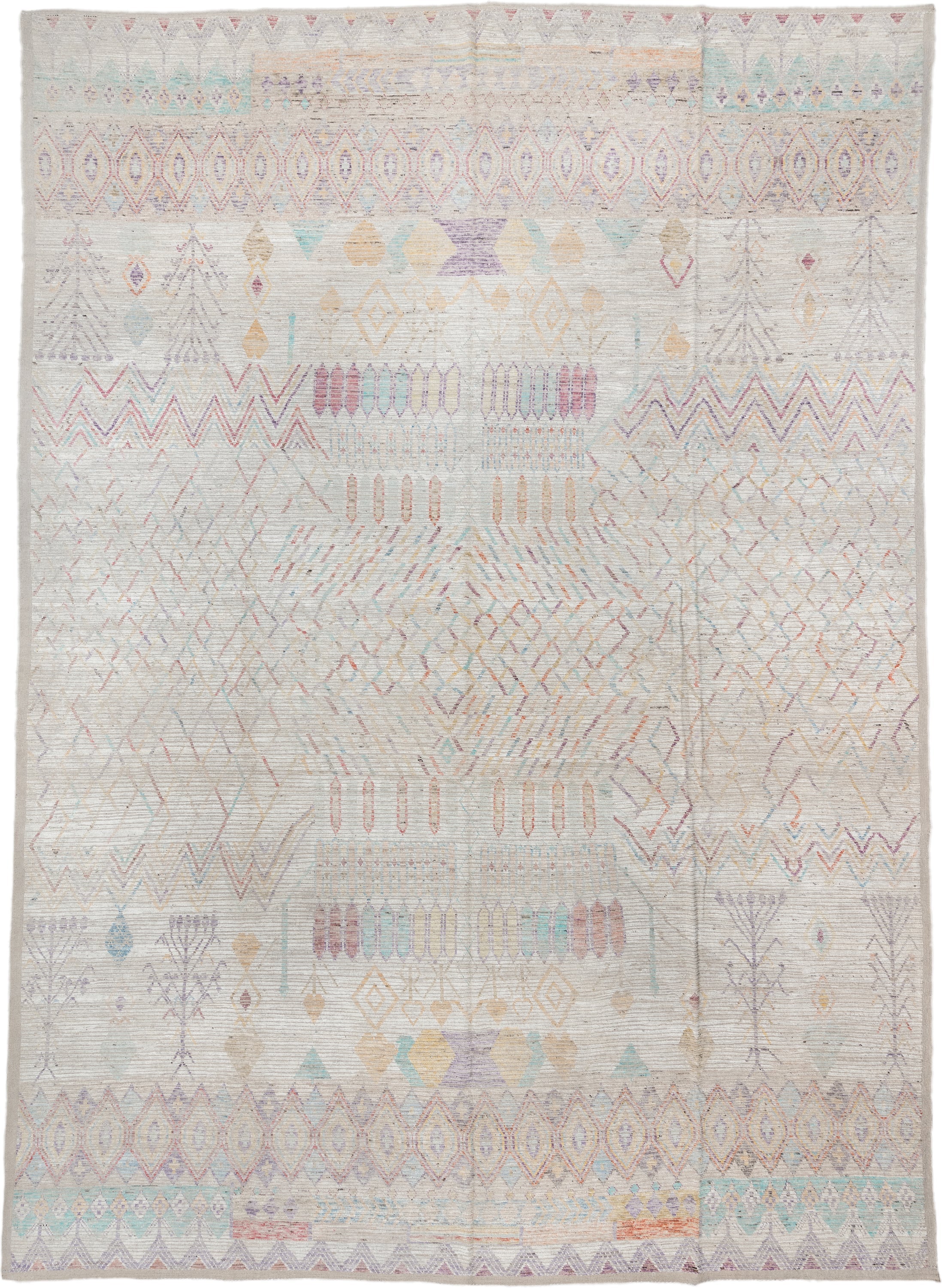 13' x 19' one-of-a-kind handmade vintage Tulu oversize rug. Color palette: ivory, lavender, aqua, blush, pale gold, taupe