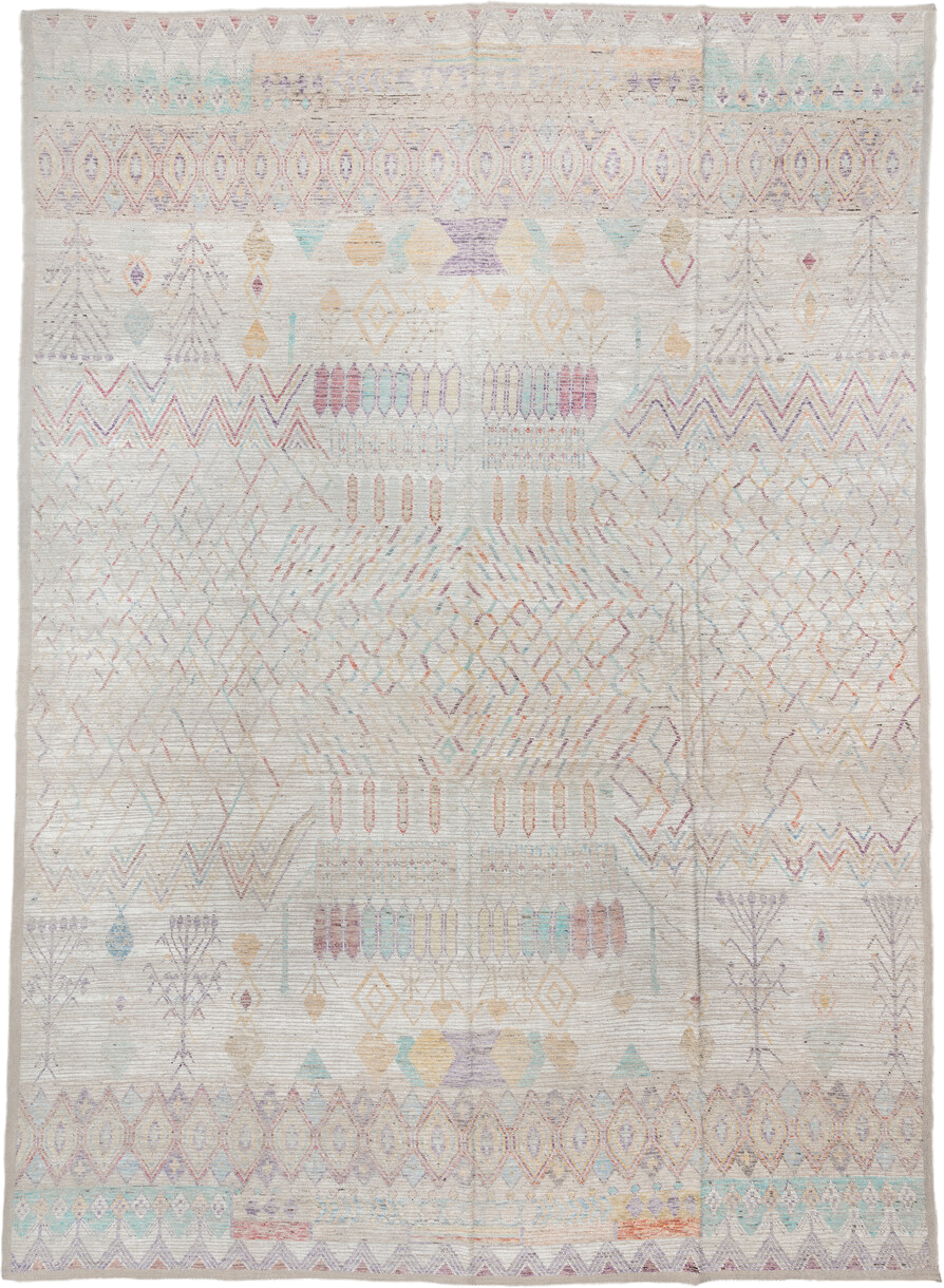 13' x 19' one-of-a-kind handmade vintage Tulu oversize rug. Color palette: ivory, lavender, aqua, blush, pale gold, taupe