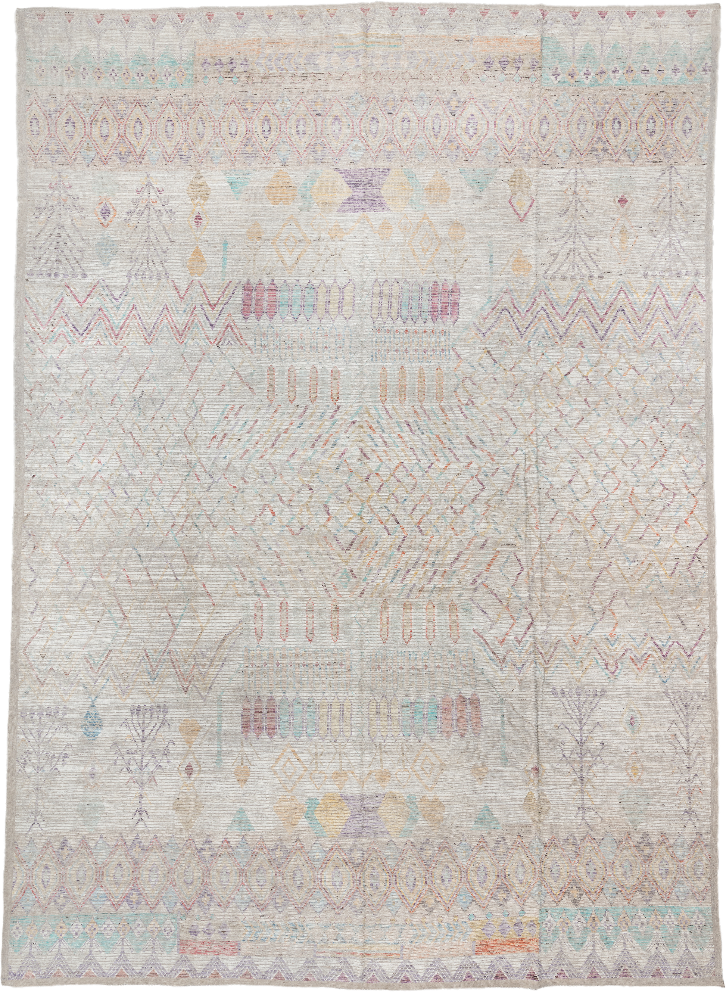13' x 19' one-of-a-kind handmade vintage Tulu oversize rug. Color palette: ivory, lavender, aqua, blush, pale gold, taupe