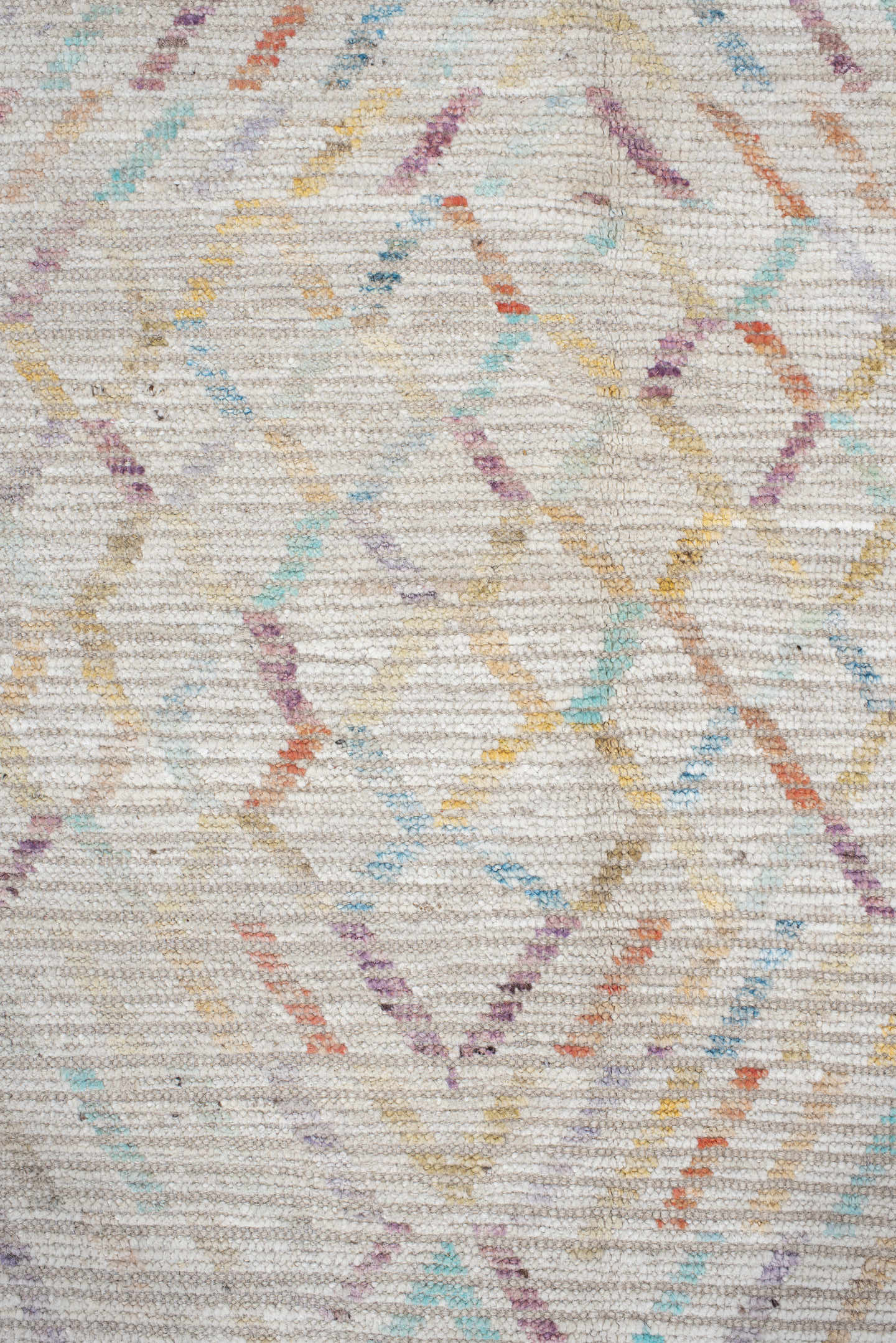 13' x 19' one-of-a-kind handmade vintage Tulu oversize rug. Color palette: ivory, lavender, aqua, blush, pale gold, taupe