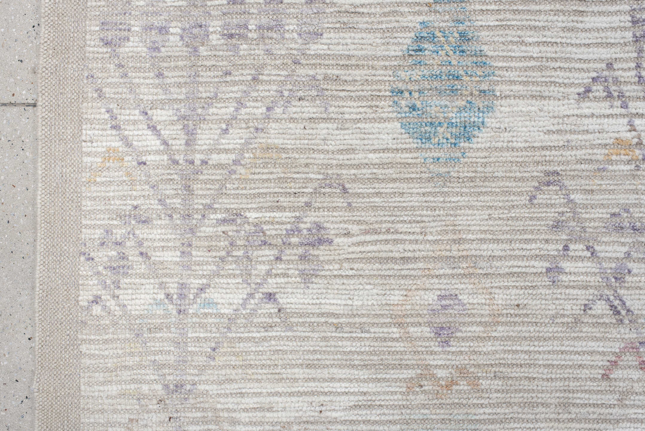 13' x 19' one-of-a-kind handmade vintage Tulu oversize rug. Color palette: ivory, lavender, aqua, blush, pale gold, taupe