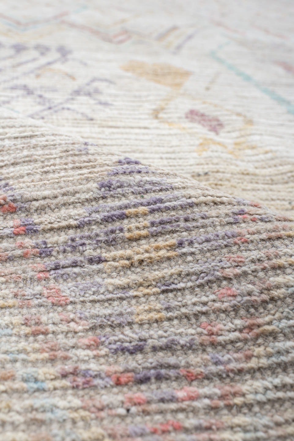 13' x 19' one-of-a-kind handmade vintage Tulu oversize rug. Color palette: ivory, lavender, aqua, blush, pale gold, taupe