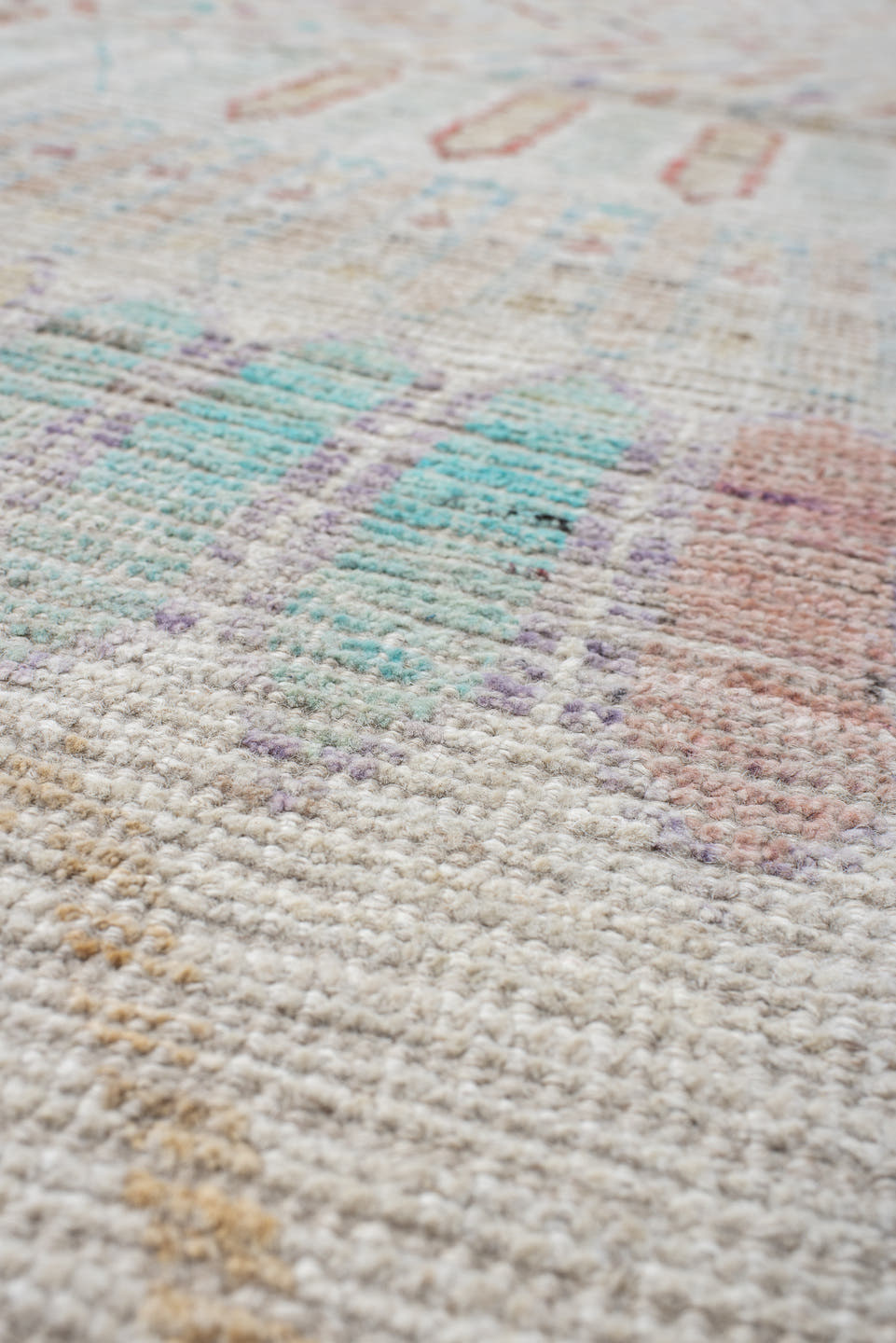 13' x 19' one-of-a-kind handmade vintage Tulu oversize rug. Color palette: ivory, lavender, aqua, blush, pale gold, taupe