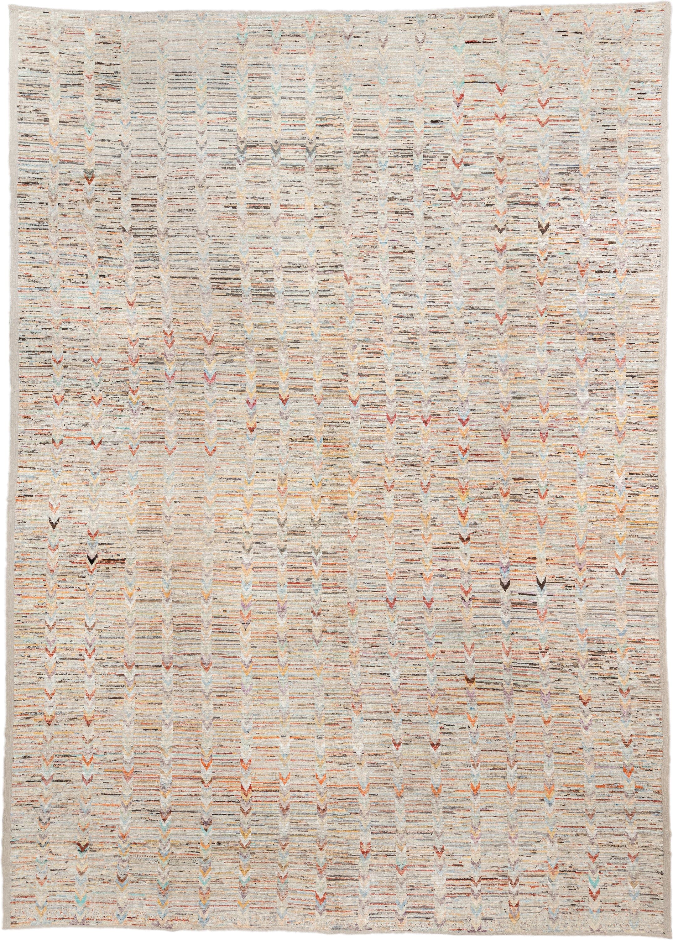 13' x 19' one-of-a-kind handmade vintage Tulu oversize rug. Color palette: ivory, cream, taupe, peach, sky_blue, charcoal