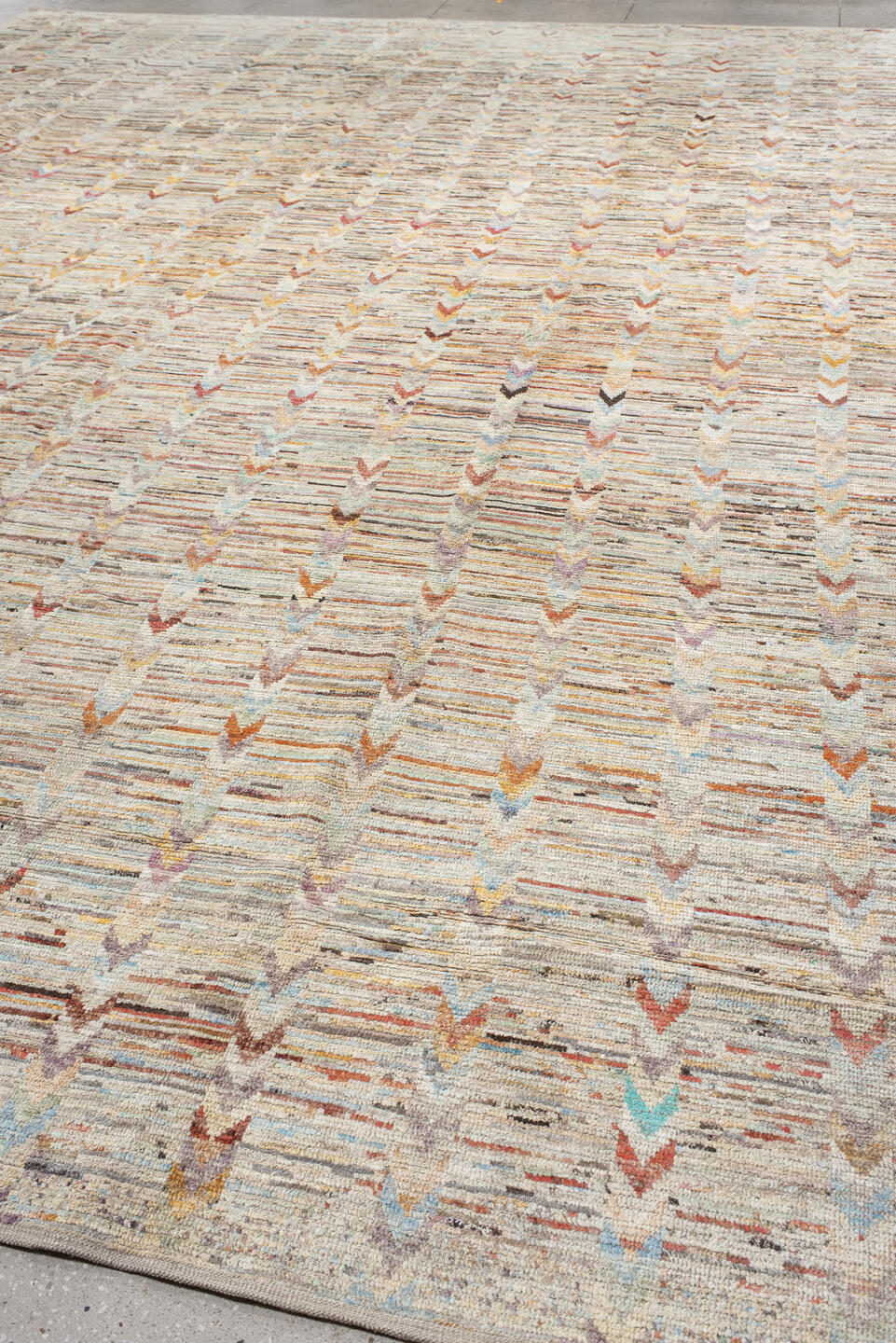 13' x 19' one-of-a-kind handmade vintage Tulu oversize rug. Color palette: ivory, cream, taupe, peach, sky_blue, charcoal