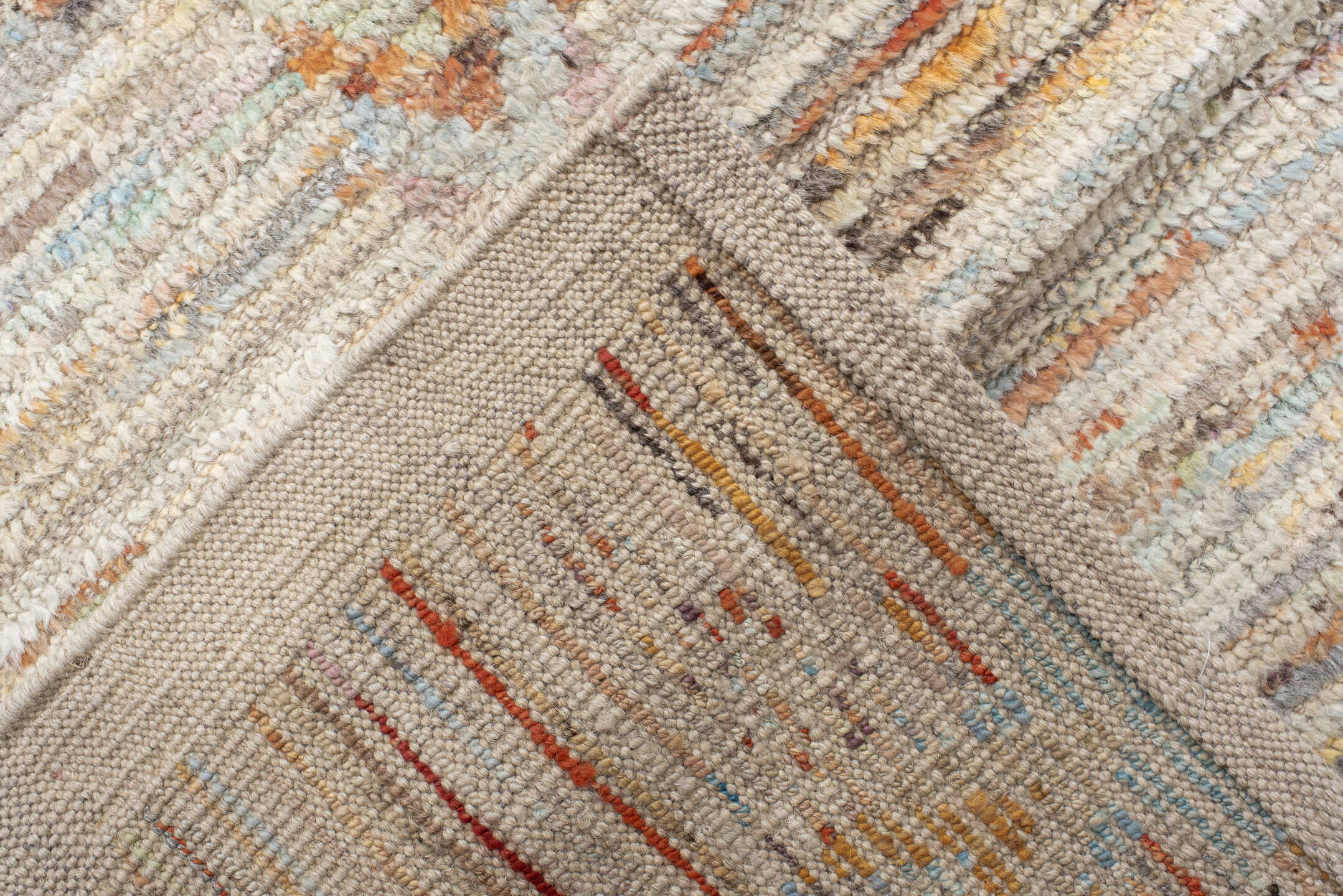 13' x 19' one-of-a-kind handmade vintage Tulu oversize rug. Color palette: ivory, cream, taupe, peach, sky_blue, charcoal