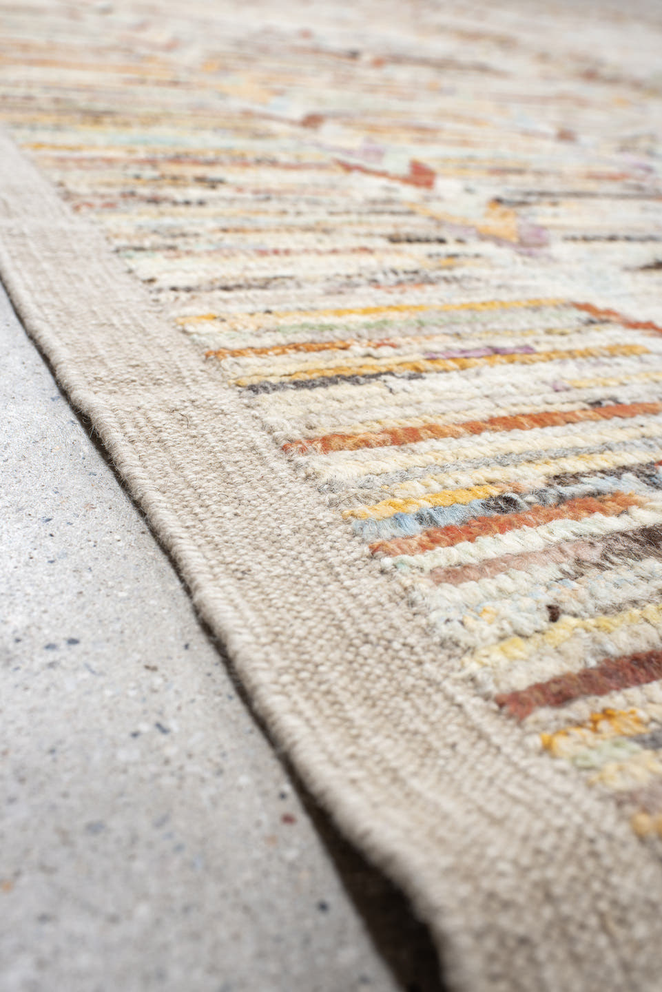 13' x 19' one-of-a-kind handmade vintage Tulu oversize rug. Color palette: ivory, cream, taupe, peach, sky_blue, charcoal