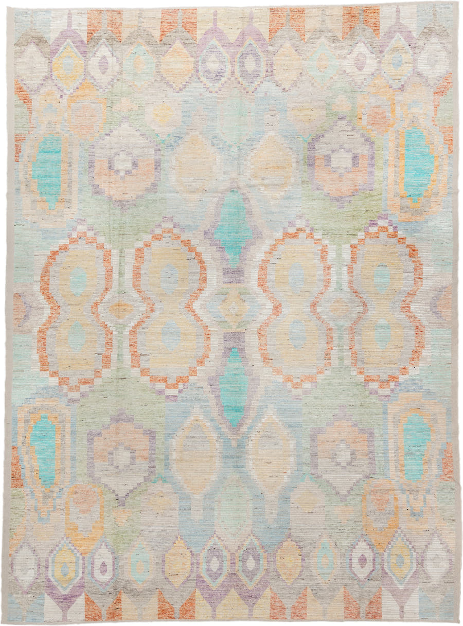 13' x 17' one-of-a-kind handmade vintage Tulu oversize rug. Color palette: ivory, aqua, lavender, pale_gold, coral, sage