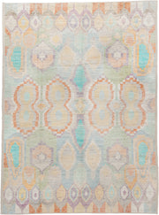 13' x 17' one-of-a-kind handmade vintage Tulu oversize rug. Color palette: ivory, aqua, lavender, pale_gold, coral, sage