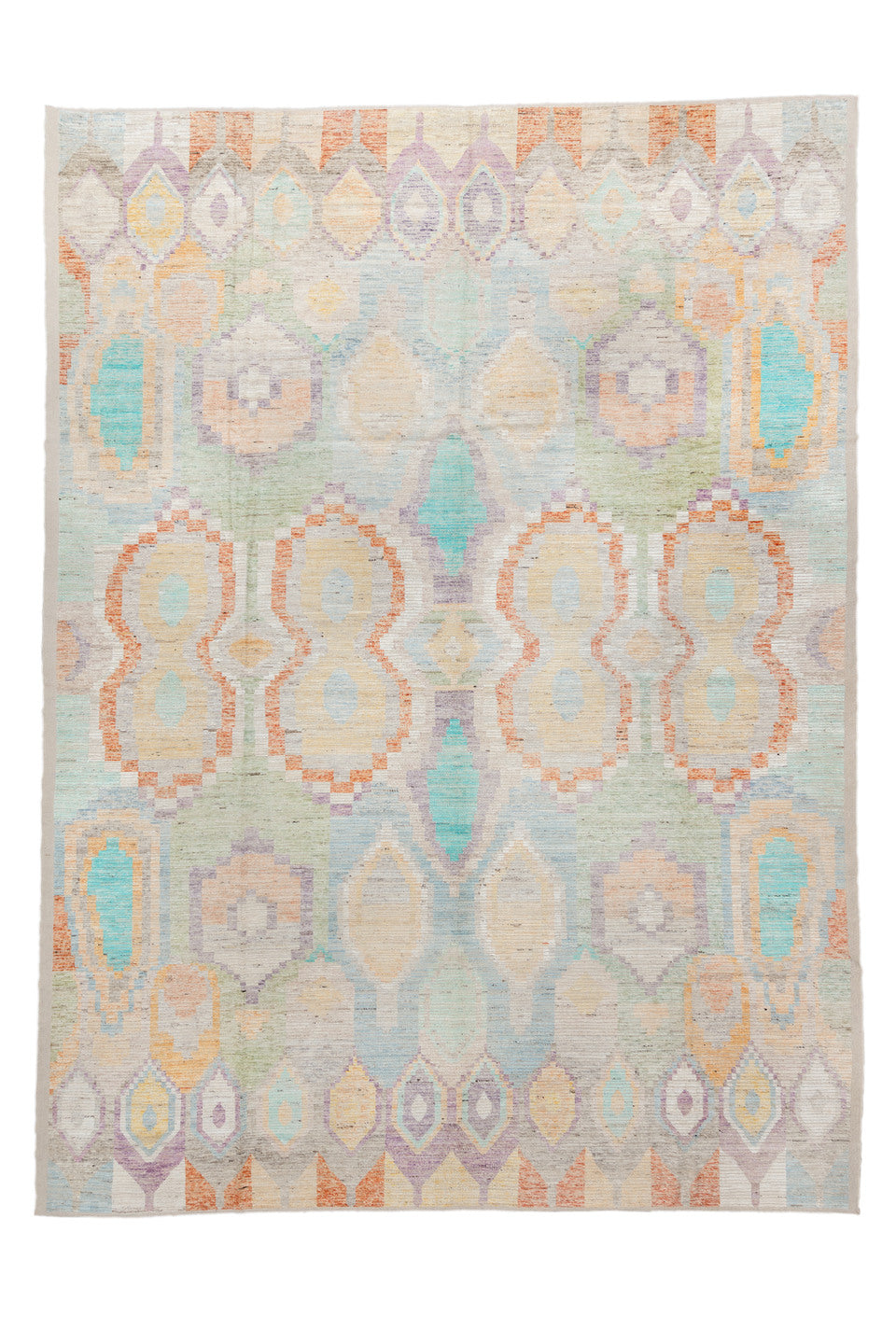 13' x 17' one-of-a-kind handmade vintage Tulu oversize rug. Color palette: blue, brown, dark gray, gray, green, light blue