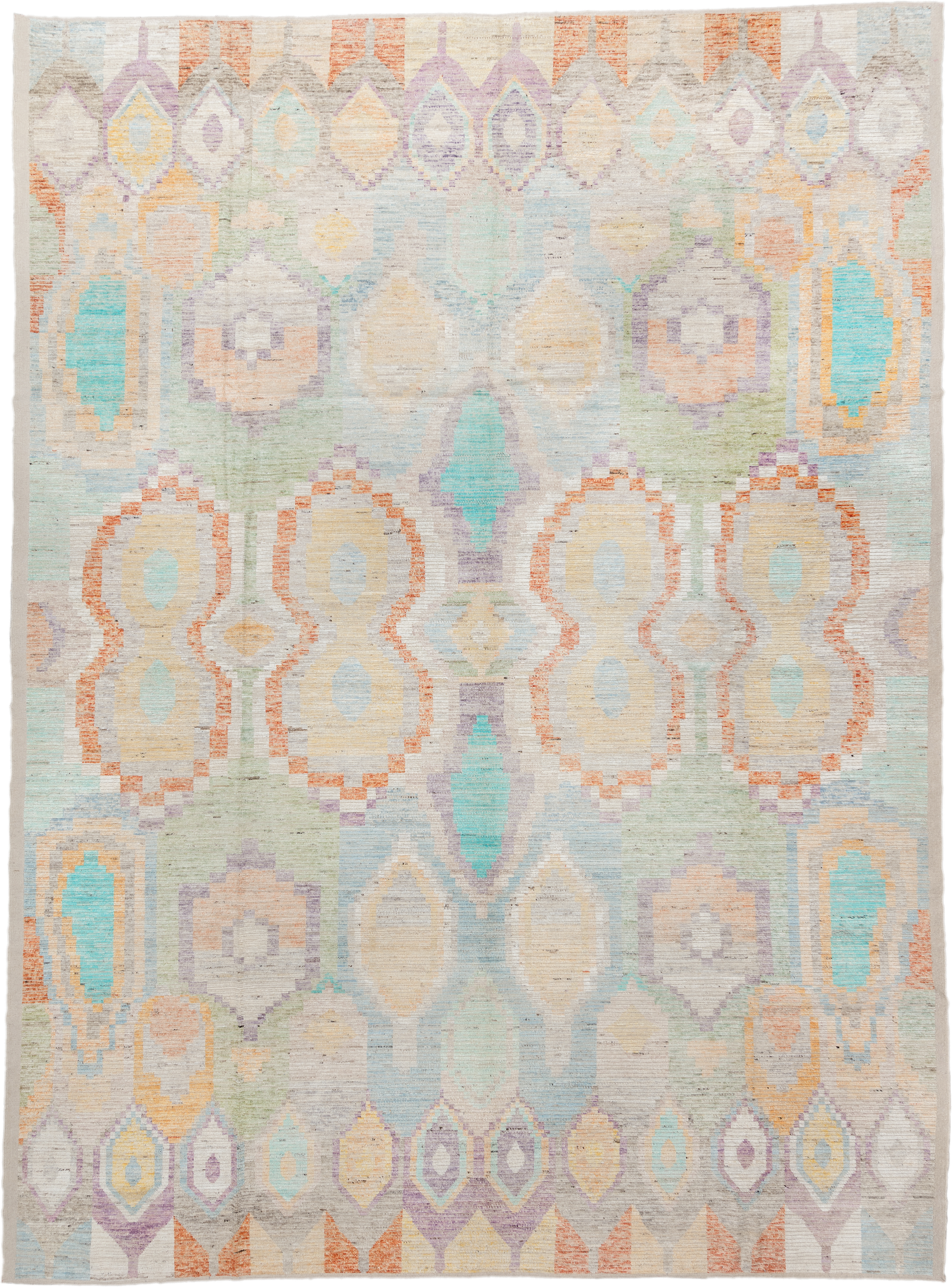 13' x 17' one-of-a-kind handmade vintage Tulu oversize rug. Color palette: ivory, aqua, lavender, pale_gold, coral, sage