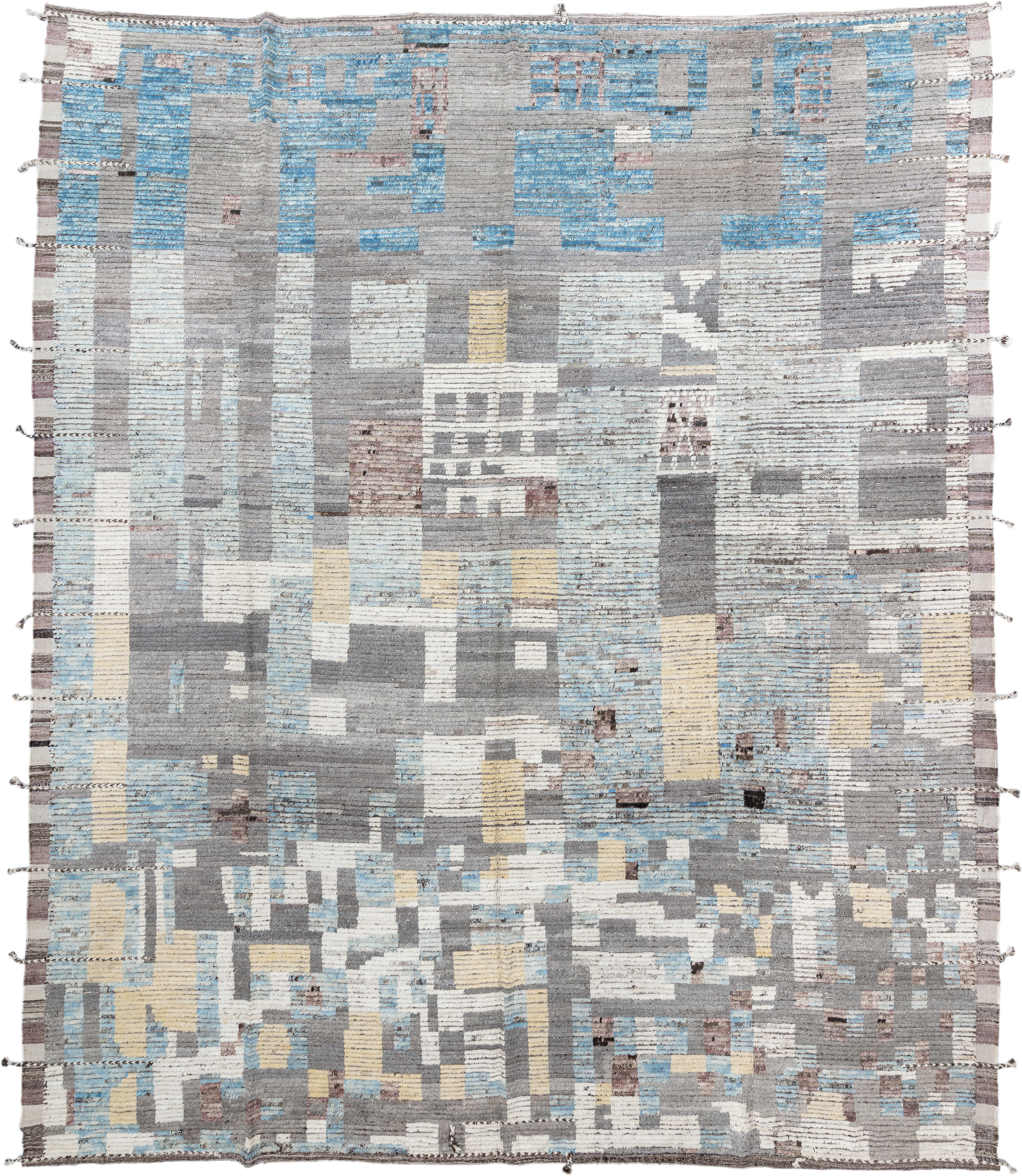 13' x 16' one-of-a-kind handmade vintage Tulu oversize rug. Color palette: gray, ivory, sky blue, cream, taupe, pale gold
