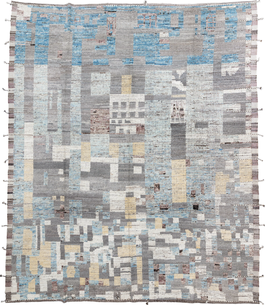 13' x 16' one-of-a-kind handmade vintage Tulu oversize rug. Color palette: dark gray, dim gray, gainsboro, gray, light blue