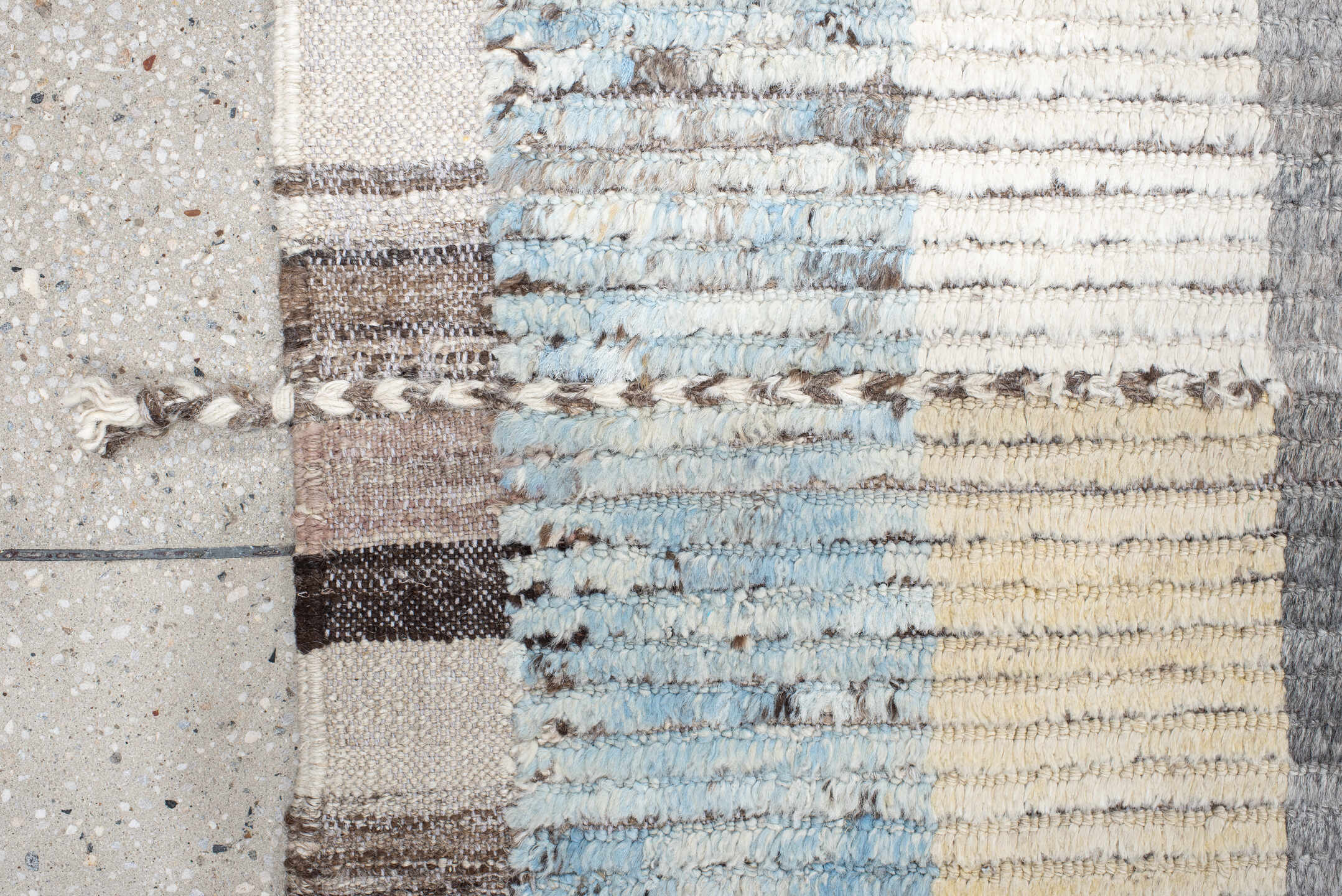 13' x 16' one-of-a-kind handmade vintage Tulu oversize rug. Color palette: gray, ivory, sky blue, cream, taupe, pale gold