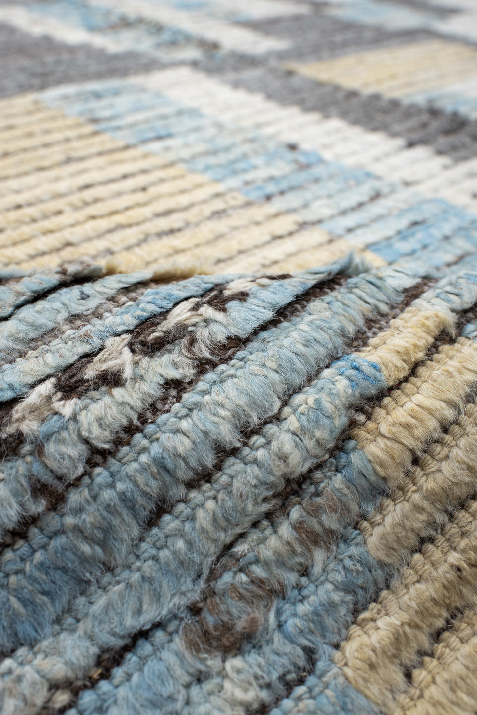 13' x 16' one-of-a-kind handmade vintage Tulu oversize rug. Color palette: gray, ivory, sky blue, cream, taupe, pale gold