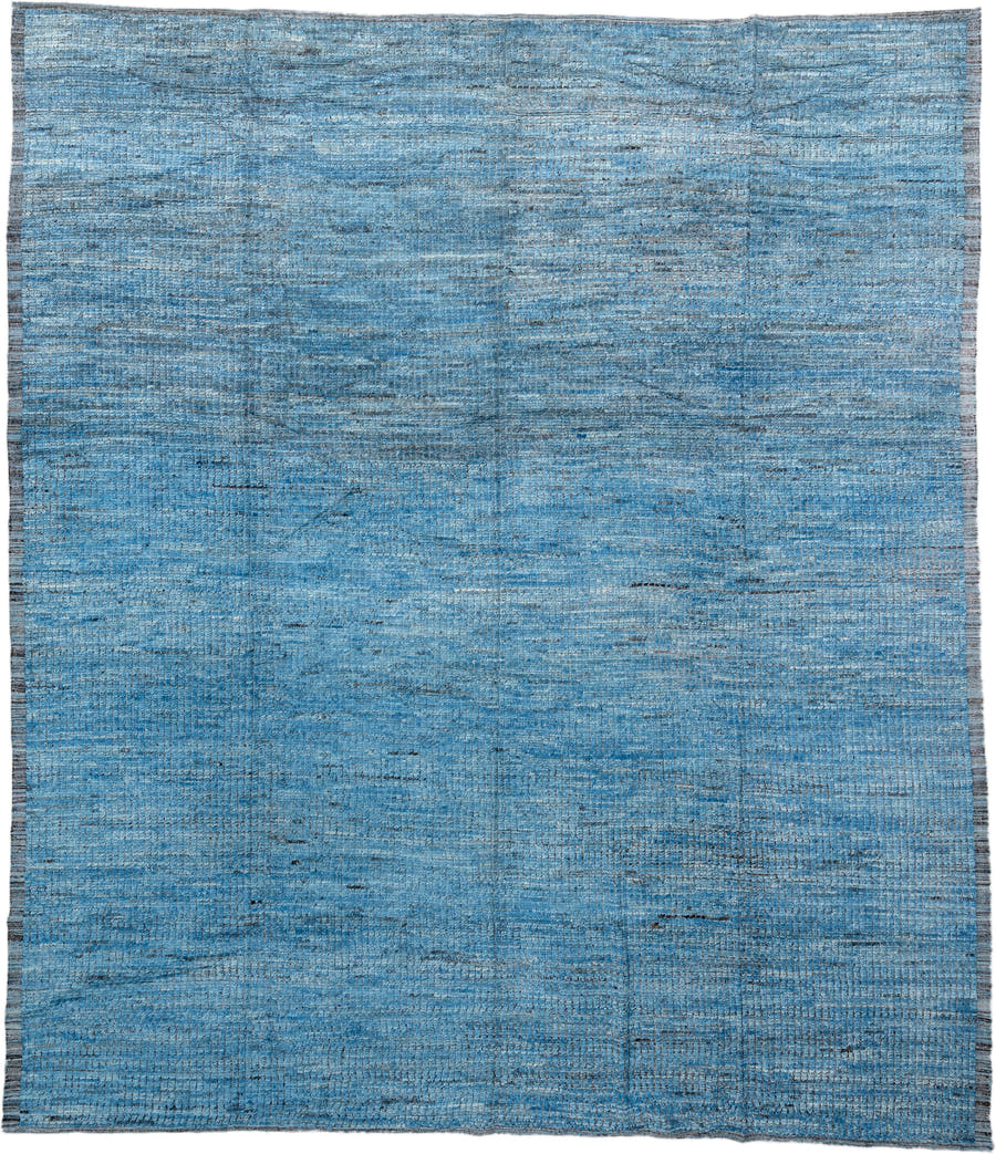 14' x 17' one-of-a-kind handmade vintage Tulu oversize rug. Color palette: sky blue, slate, charcoal, ivory, light blue