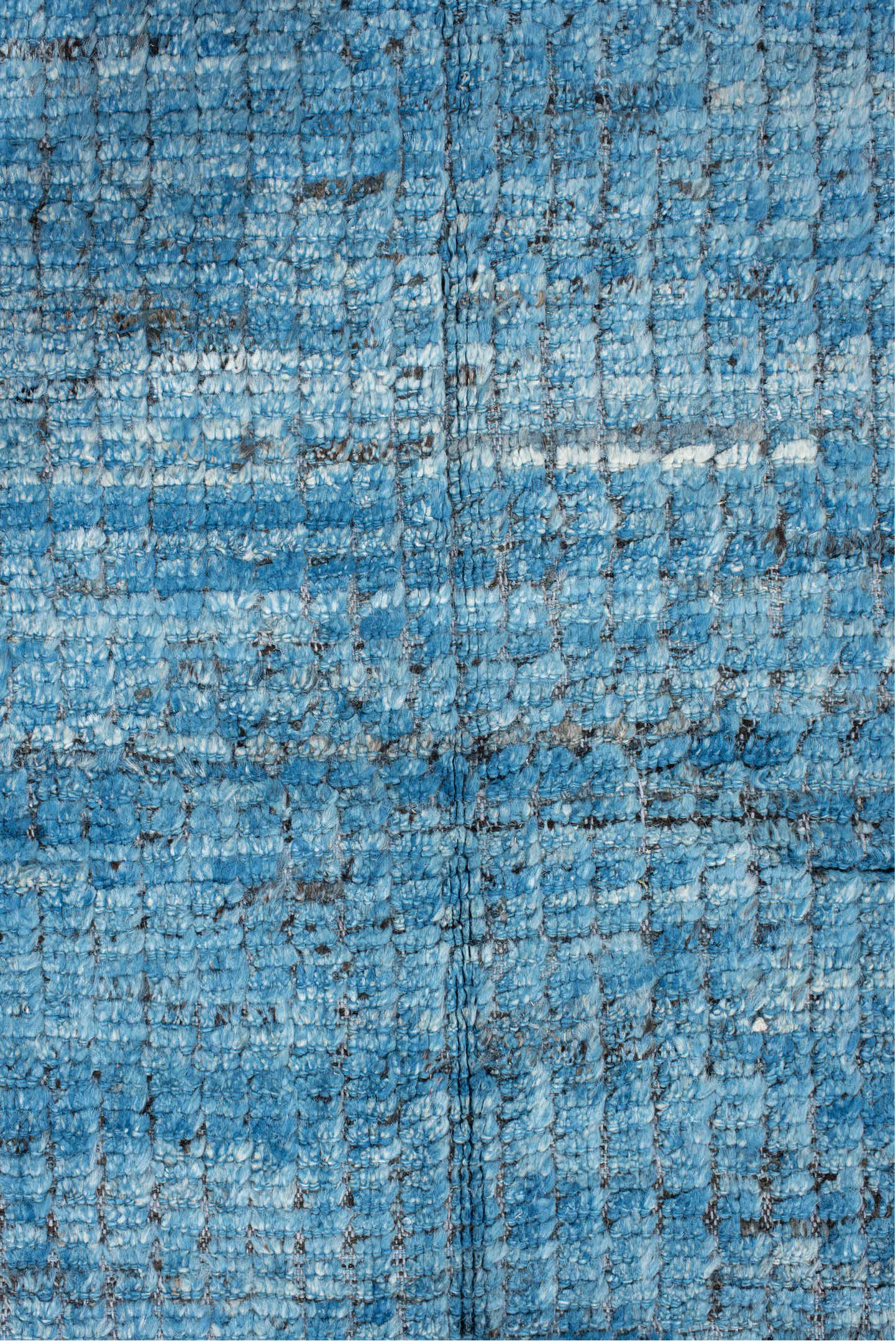 14' x 17' one-of-a-kind handmade vintage Tulu oversize rug. Color palette: sky blue, slate, charcoal, ivory, light blue