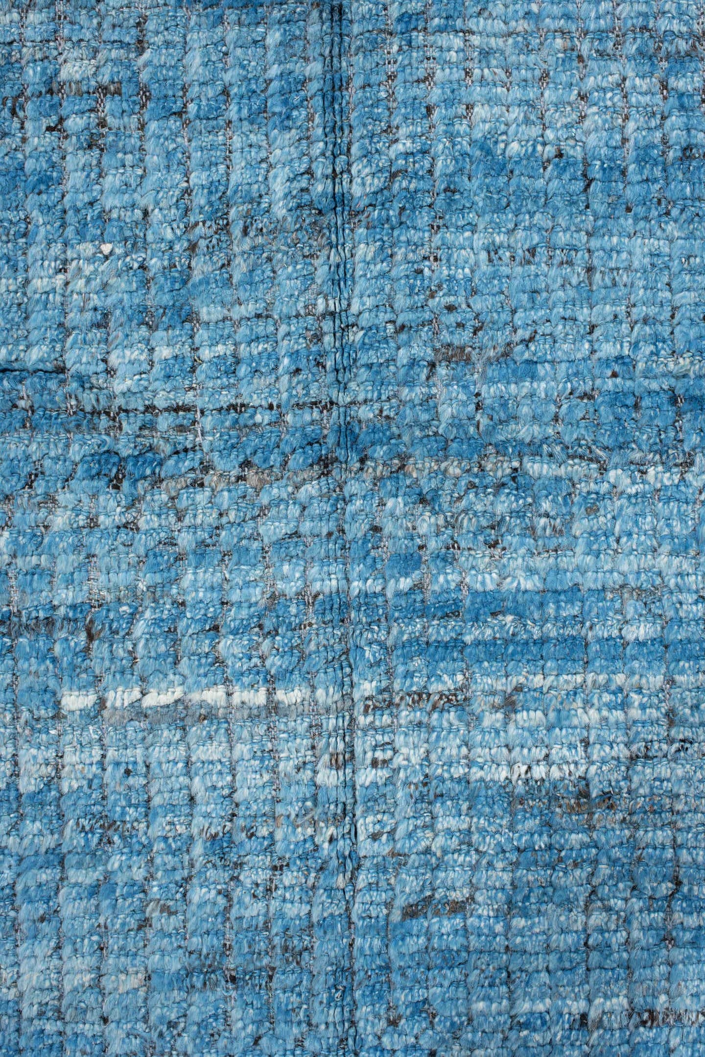 14' x 17' one-of-a-kind handmade vintage Tulu oversize rug. Color palette: sky blue, slate, charcoal, ivory, light blue