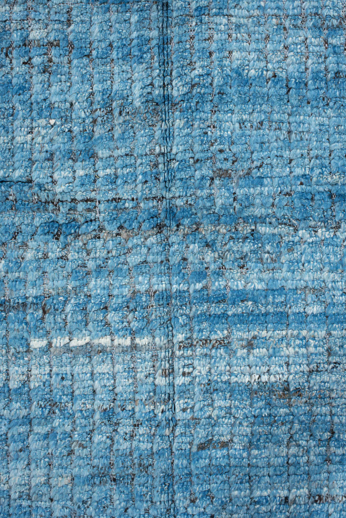 14' x 17' one-of-a-kind handmade vintage Tulu oversize rug. Color palette: sky blue, slate, charcoal, ivory, light blue